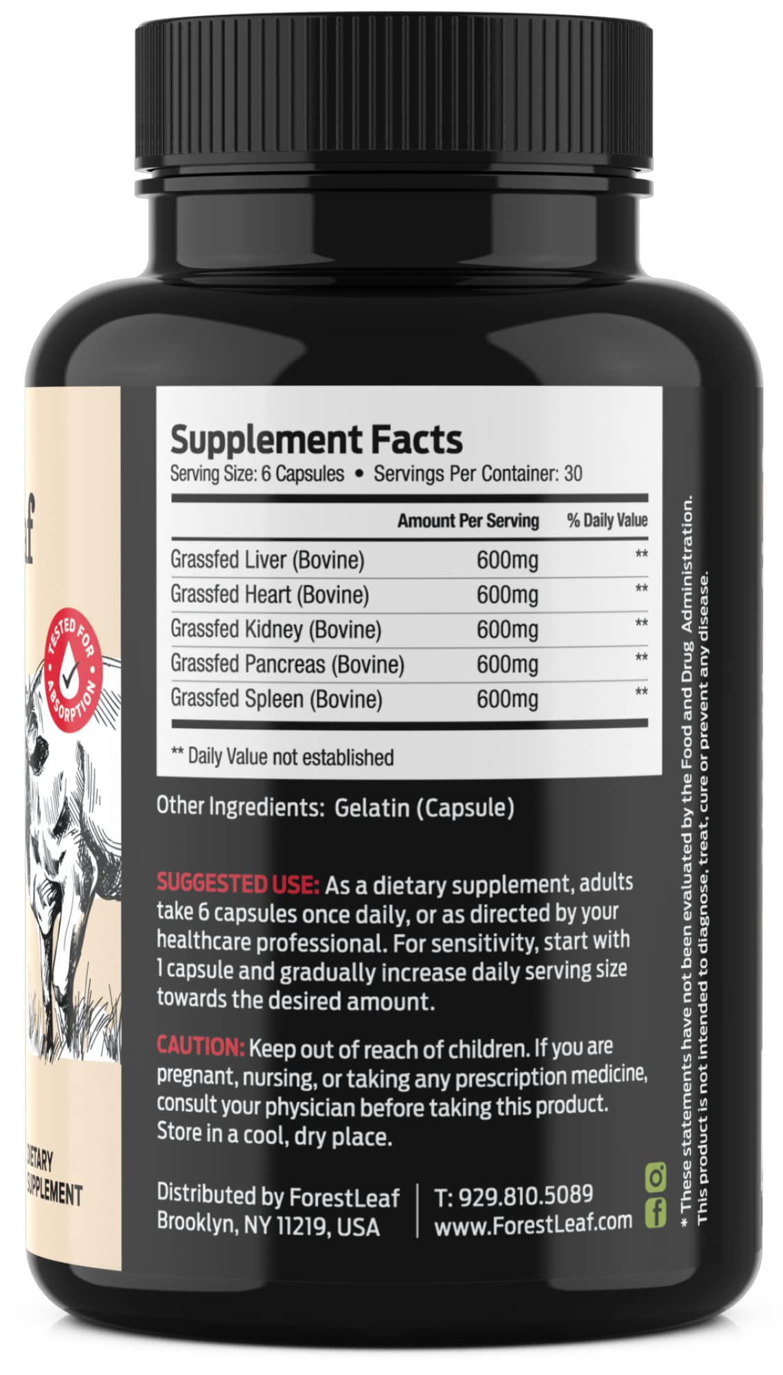 ForestLeaf Beef Organ Supplement - Grass Fed & Pasture Raised - Total Body Wellness & Performance, Organ Complex with 3000mg of Desiccated Beef Liver, - TrustMedUSA