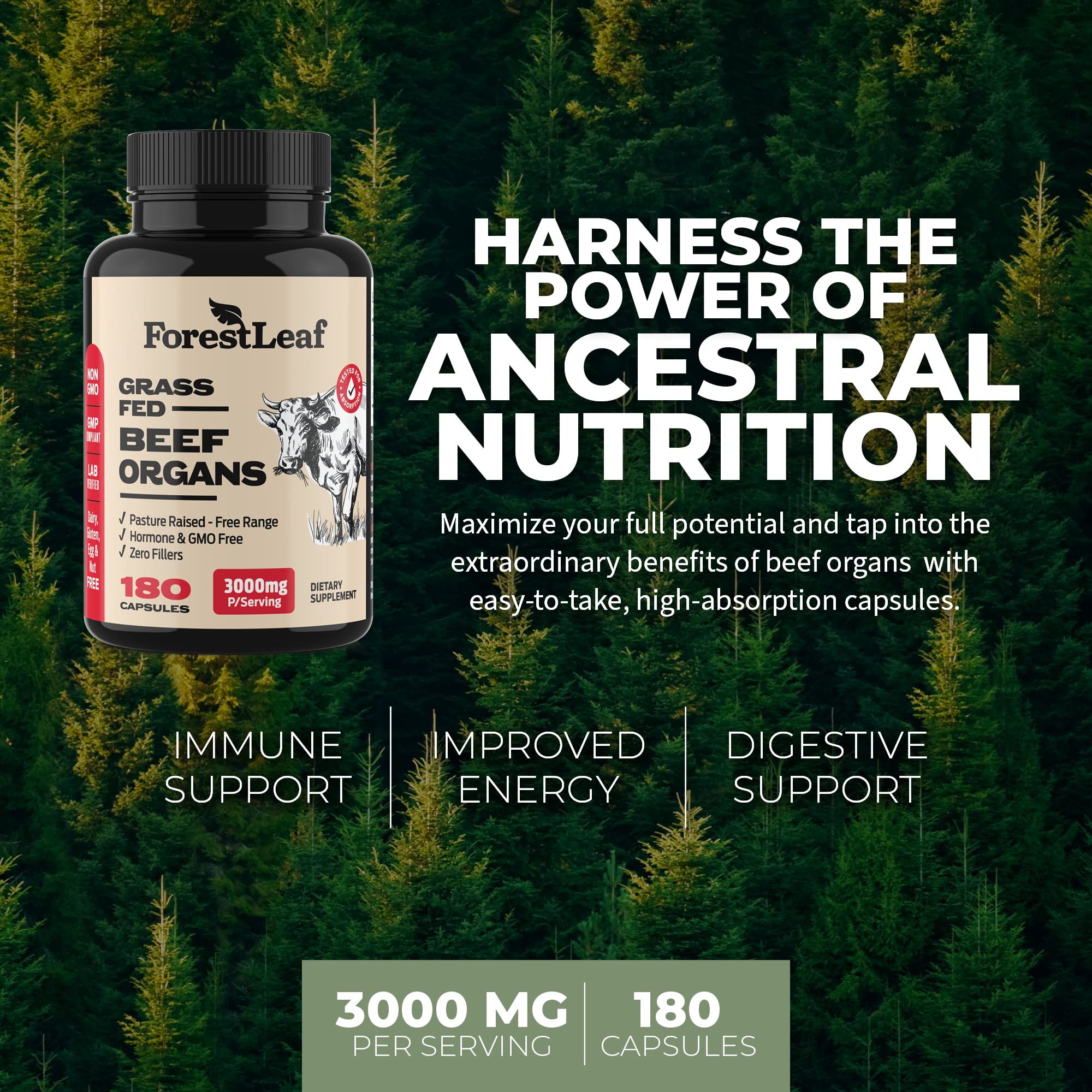 ForestLeaf Beef Organ Supplement - Grass Fed & Pasture Raised - Total Body Wellness & Performance, Organ Complex with 3000mg of Desiccated Beef Liver, - TrustMedUSA
