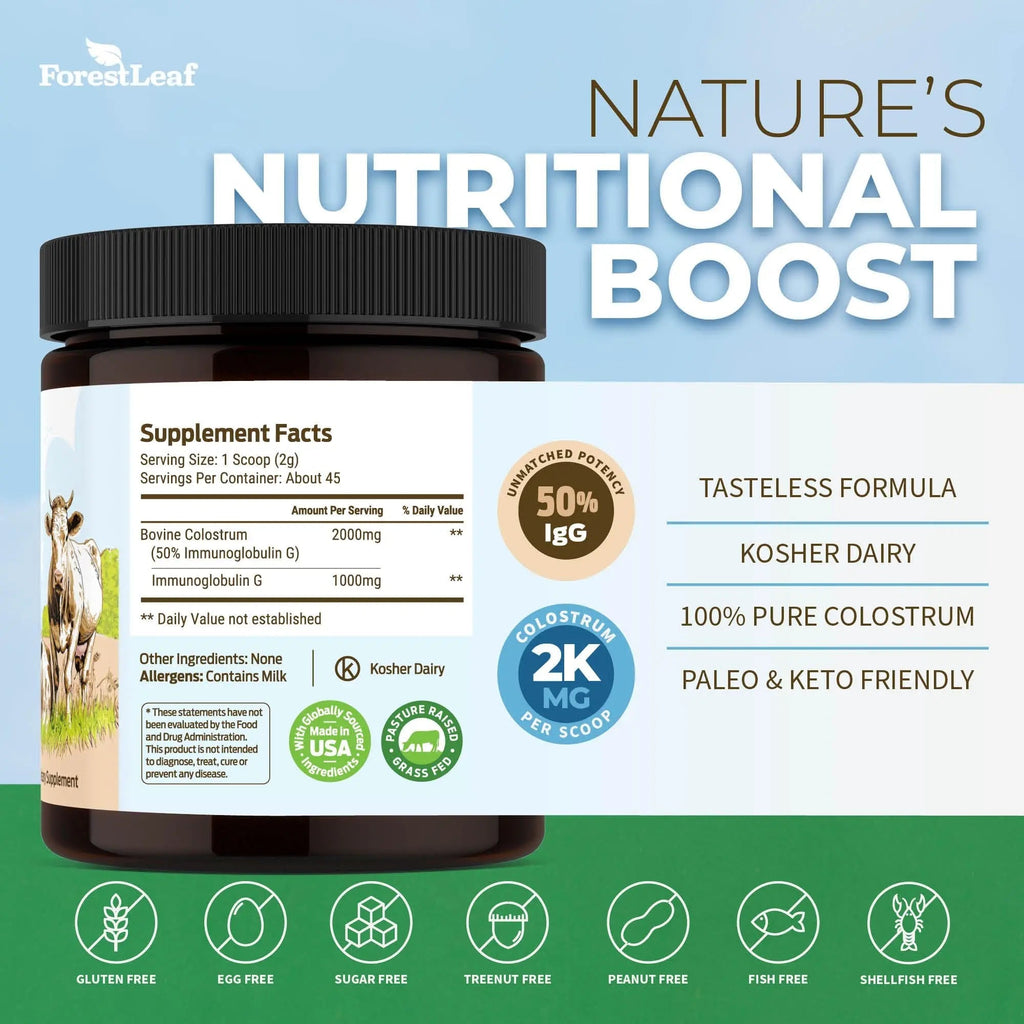 ForestLeaf Colostrum Powder 50% IgG Highest Concentration - Grass Fed Bovine - TrustMedUSA