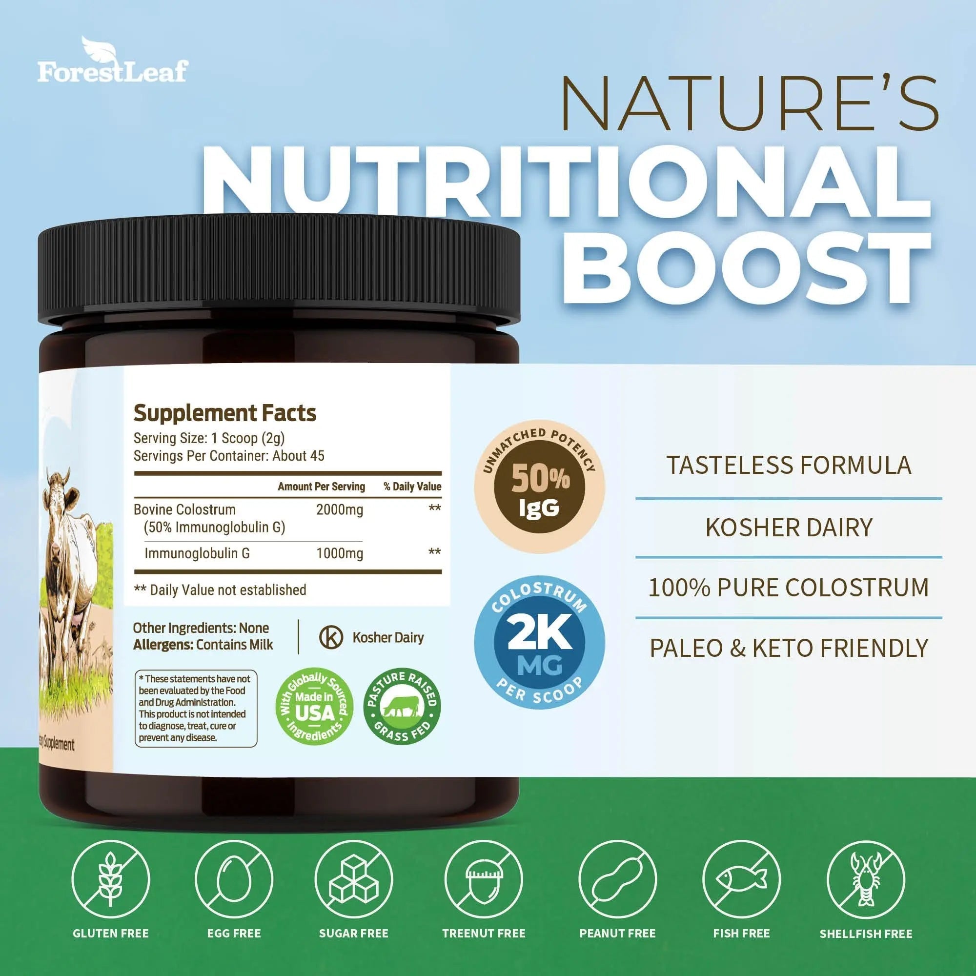 ForestLeaf Colostrum Powder 50% IgG Highest Concentration - Grass Fed Bovine - TrustMedUSA