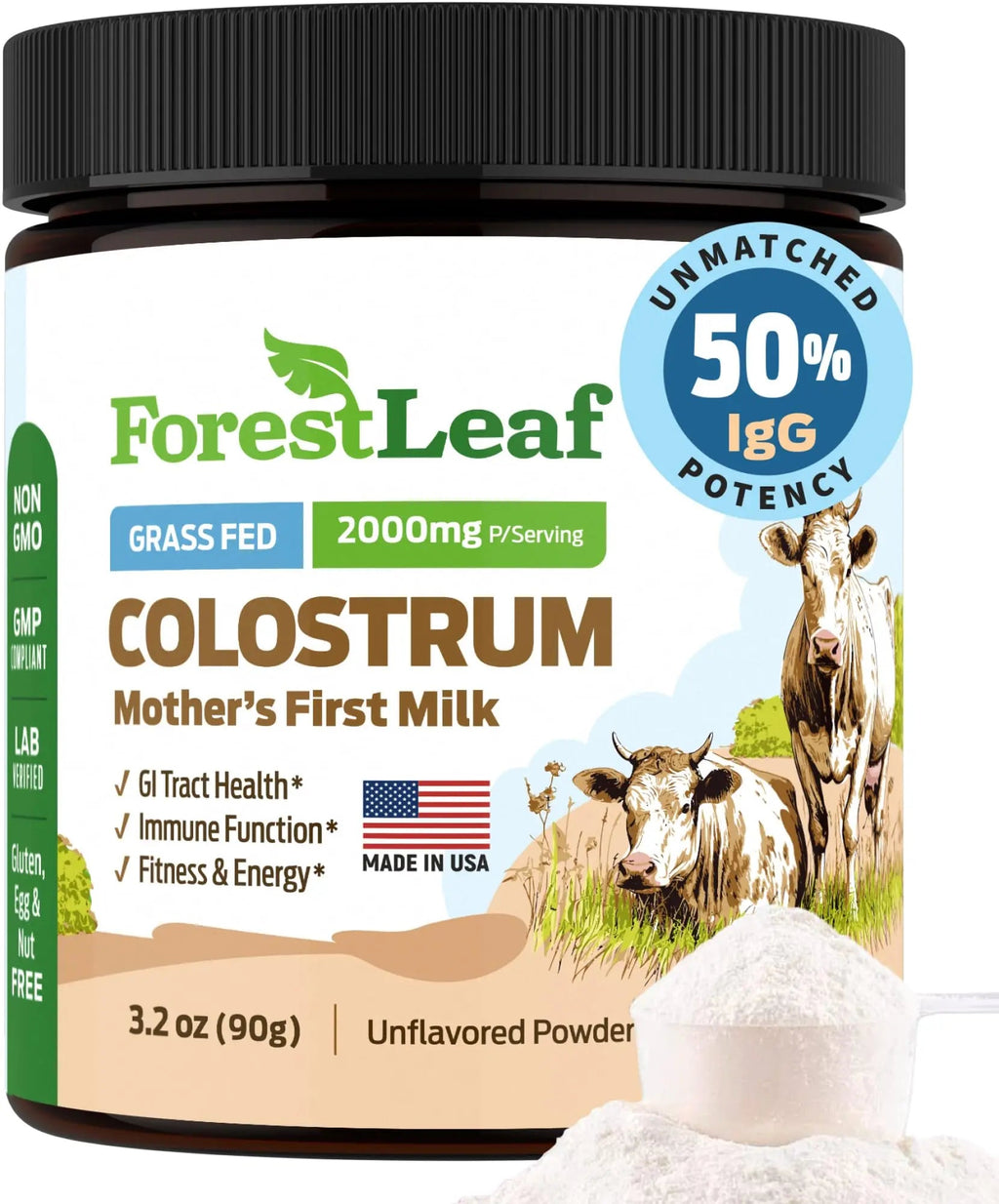 ForestLeaf Colostrum Powder 50% IgG Highest Concentration - Grass Fed Bovine - TrustMedUSA