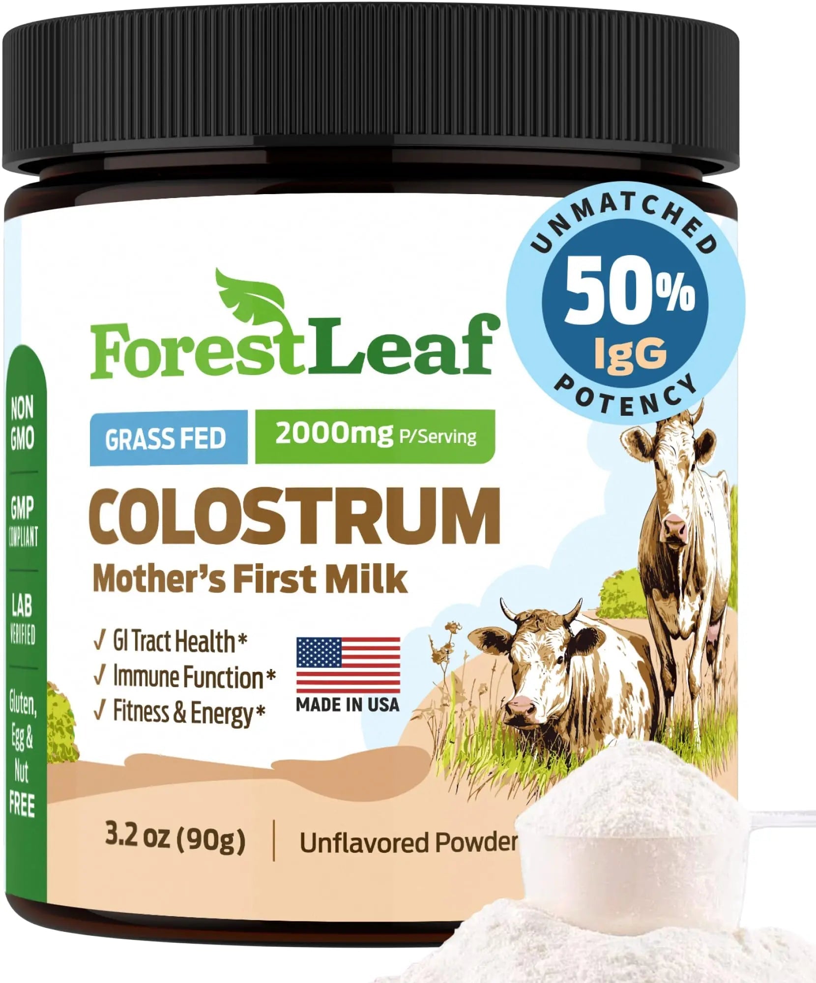 ForestLeaf Colostrum Powder 50% IgG Highest Concentration - Grass Fed Bovine - TrustMedUSA