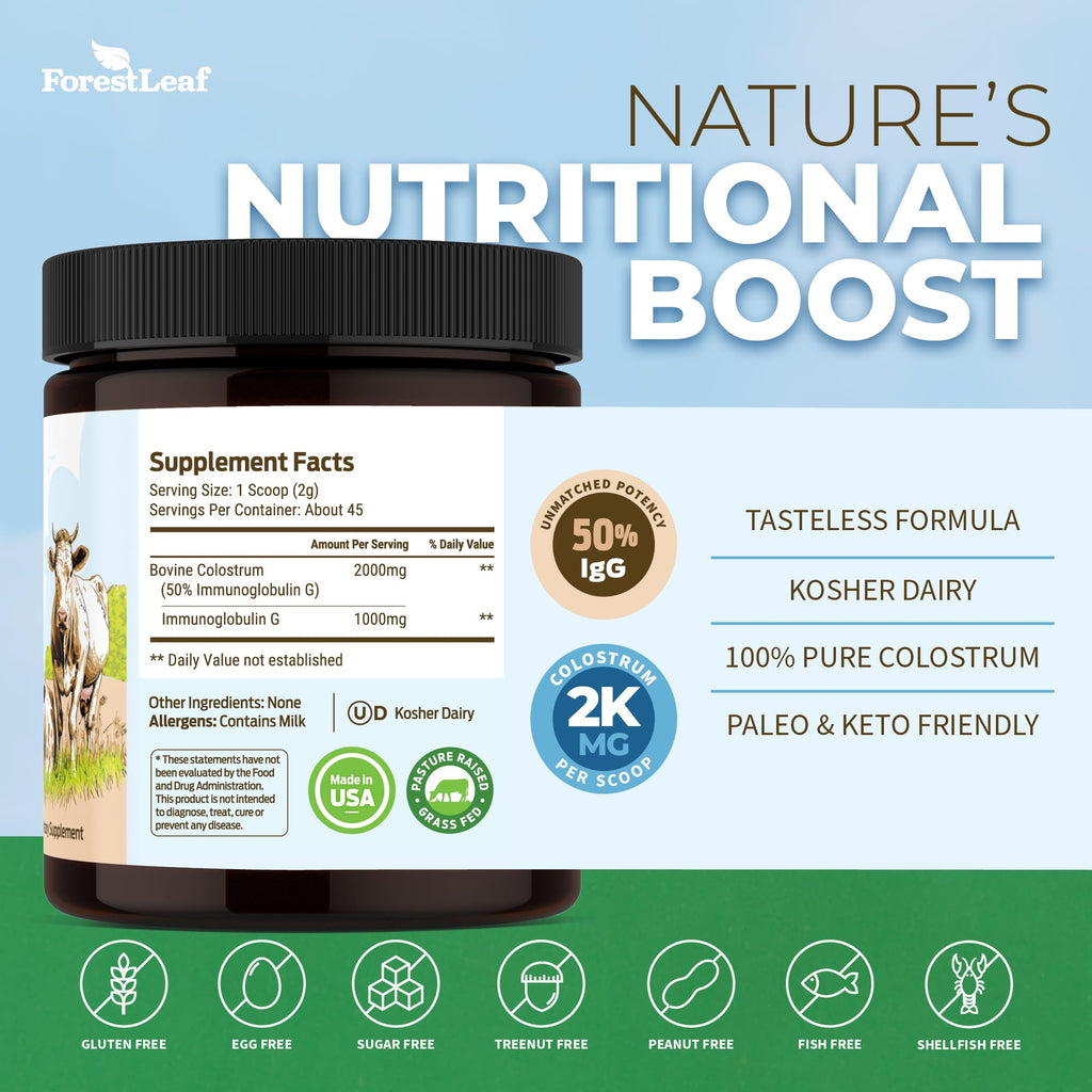 ForestLeaf Colostrum Powder 50% IgG Highest Pure Concentration, Grass Fed Colostrum Supplement for Gut Health, Immune Support and Muscle Recovery, Bovine Colostrum for Humans, Unflavored, 45 Servings - TrustMedUSA