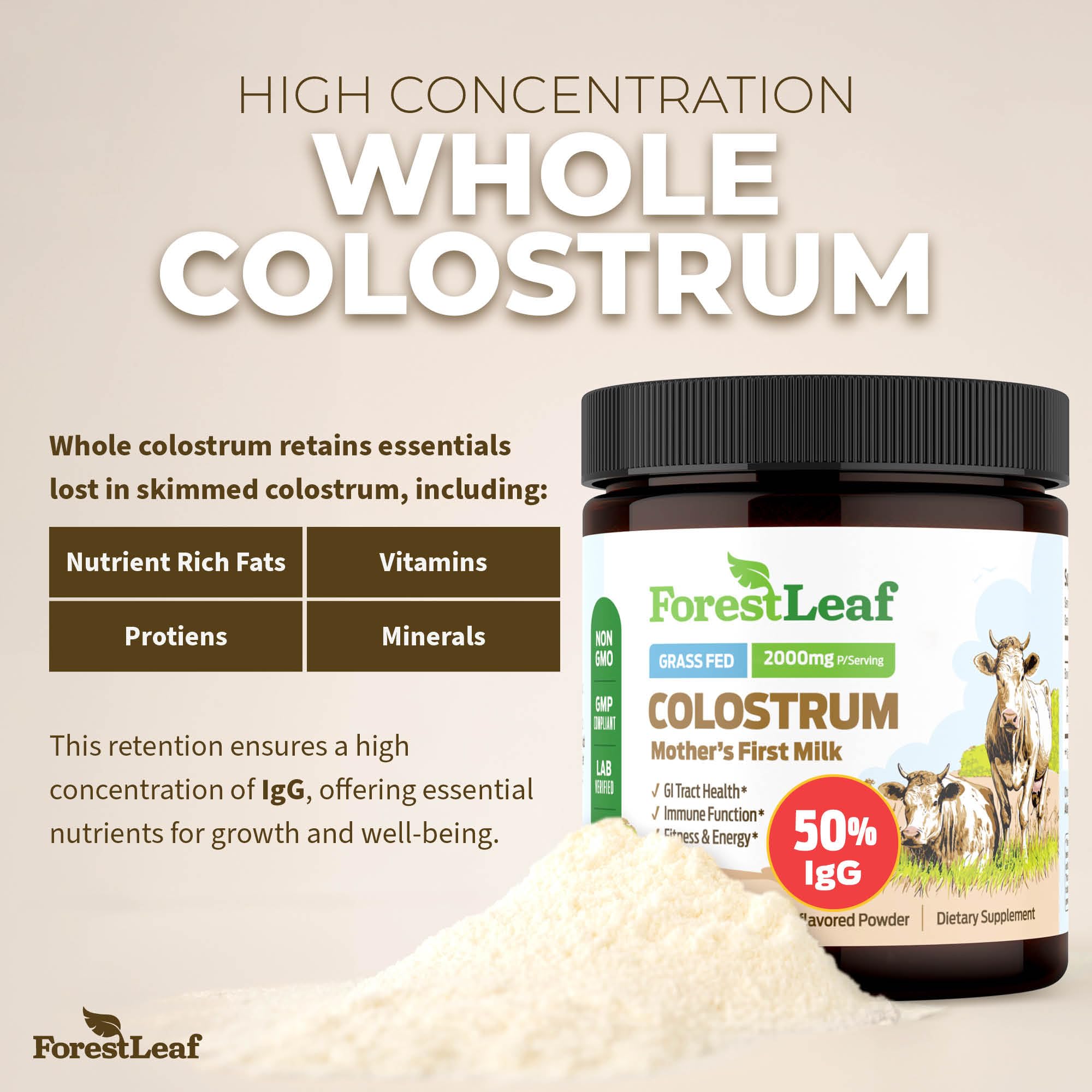 ForestLeaf Colostrum Powder 50% IgG Highest Pure Concentration, Grass Fed Colostrum Supplement for Gut Health, Immune Support and Muscle Recovery, Bovine Colostrum for Humans, Unflavored, 45 Servings - TrustMedUSA