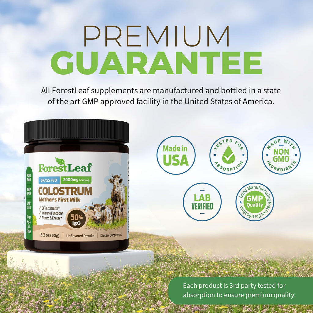 ForestLeaf Colostrum Powder 50% IgG Highest Pure Concentration, Grass Fed Colostrum Supplement for Gut Health, Immune Support and Muscle Recovery, Bovine Colostrum for Humans, Unflavored, 45 Servings - TrustMedUSA