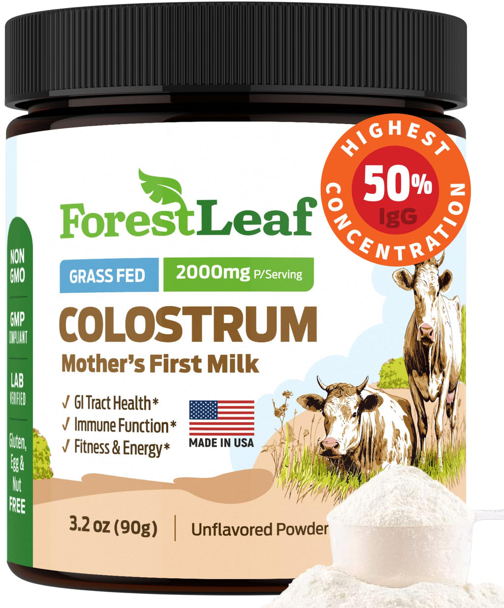 ForestLeaf Colostrum Powder 50% IgG Highest Pure Concentration, Grass Fed Colostrum Supplement for Gut Health, Immune Support and Muscle Recovery, Bovine Colostrum for Humans, Unflavored, 45 Servings - TrustMedUSA