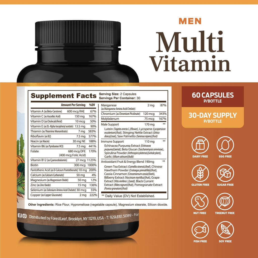 ForestLeaf Daily Vitamin Multivitamin for Men, Multi-Vitamin for Men - Mens Multivitamins & Multiminerals Supplement | All Essential Vitamins Needed for Health, Longevity & Energy | 60 Veg Caps - TrustMedUSA