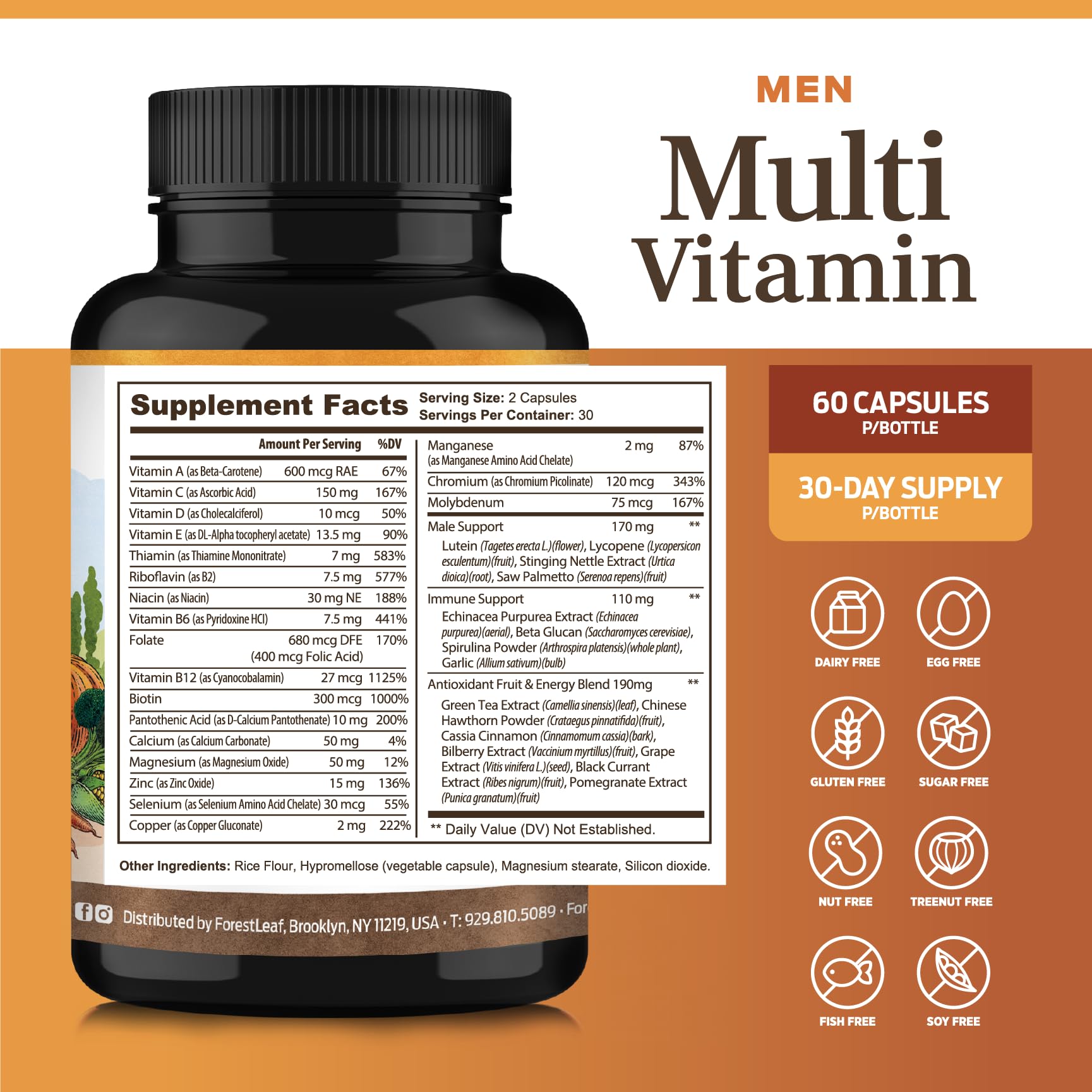 ForestLeaf Daily Vitamin Multivitamin for Men, Multi-Vitamin for Men - Mens Multivitamins & Multiminerals Supplement | All Essential Vitamins Needed for Health, Longevity & Energy | 60 Veg Caps - TrustMedUSA