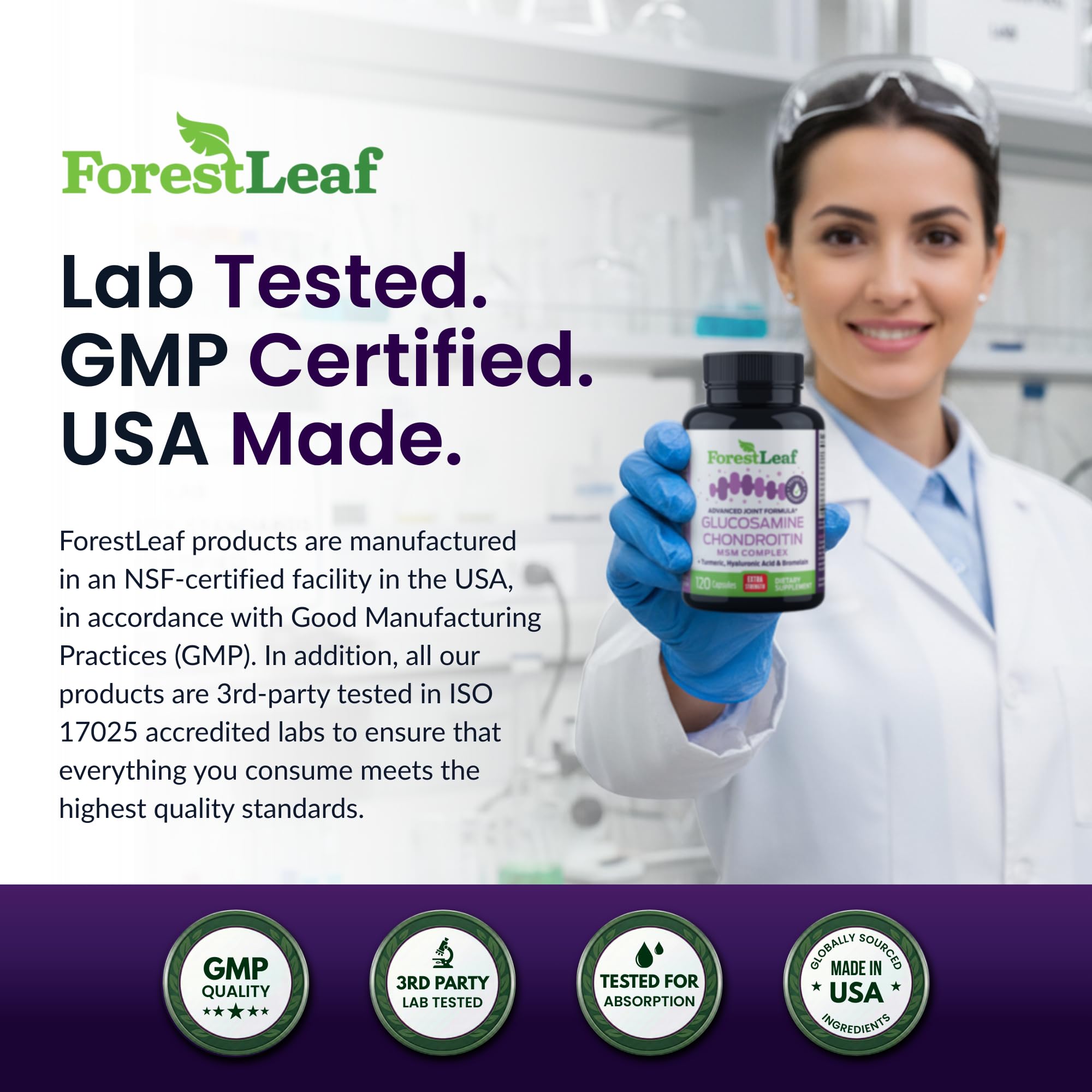 ForestLeaf Glucosamine Chondroitin MSM Joint Supplement Complex - 1200mg - 120 Caps - TrustMedUSA