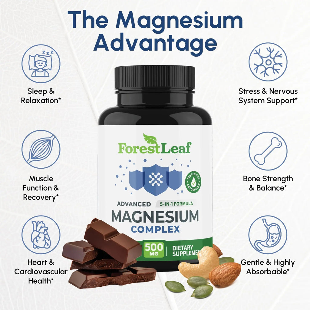 ForestLeaf Magnesium Complex for Women and Men - 500mg Magnesium Supplement for Sleep - 5-in-1 Chelated Magnesium Citrate, Bisglycinate, Malate, Taurate, Oxide (120 Ct) - TrustMedUSA
