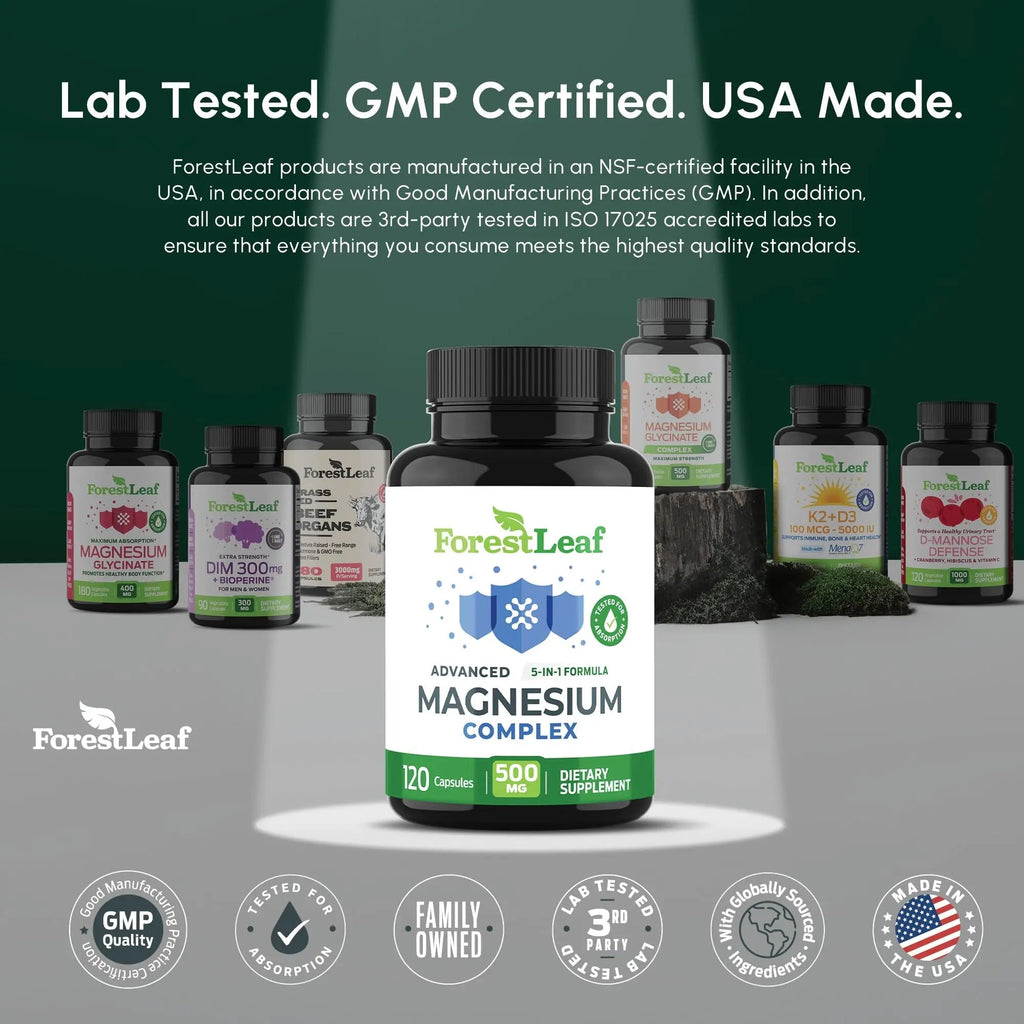 ForestLeaf Magnesium Complex for Women and Men - 500mg Magnesium Supplement for Sleep - 5-in-1 Chelated Magnesium Citrate, Bisglycinate, Malate, Taurate, Oxide (120 Ct) - TrustMedUSA
