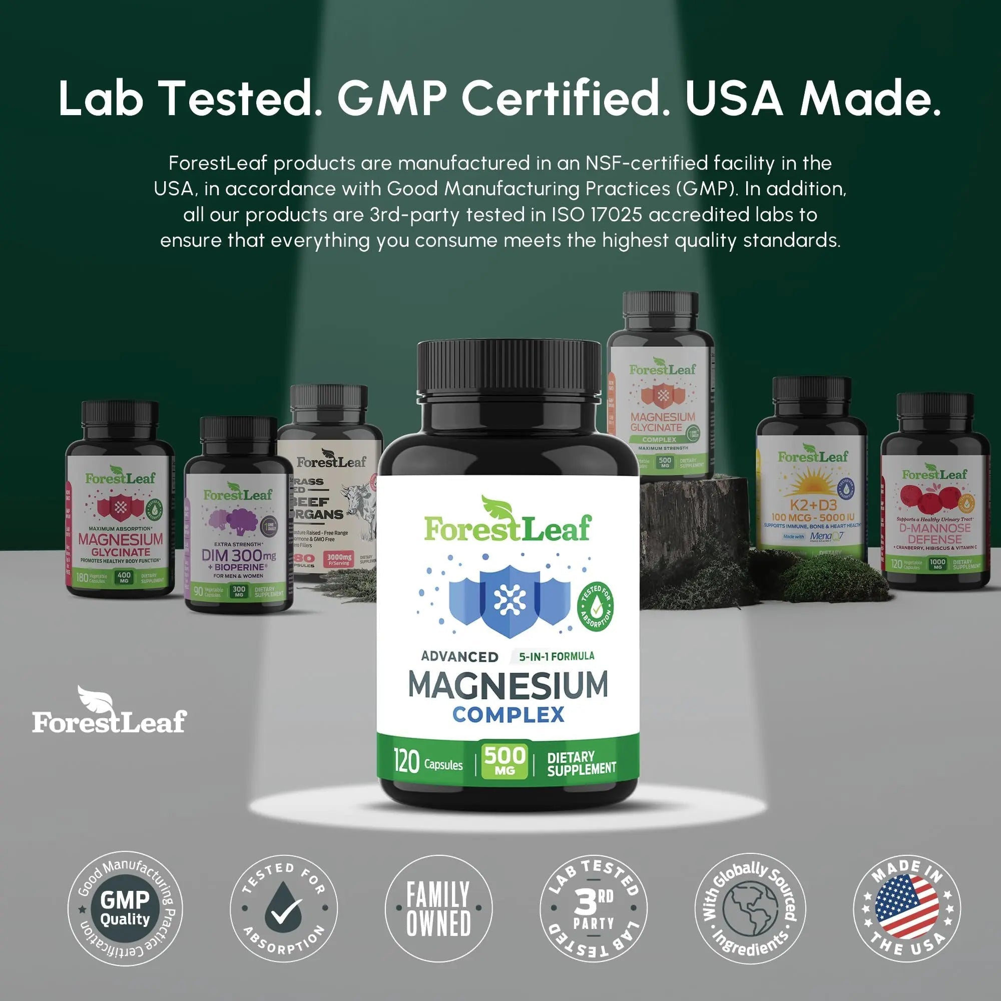 ForestLeaf Magnesium Complex for Women and Men - 500mg Magnesium Supplement for Sleep - 5-in-1 Chelated Magnesium Citrate, Bisglycinate, Malate, Taurate, Oxide (120 Ct) - TrustMedUSA