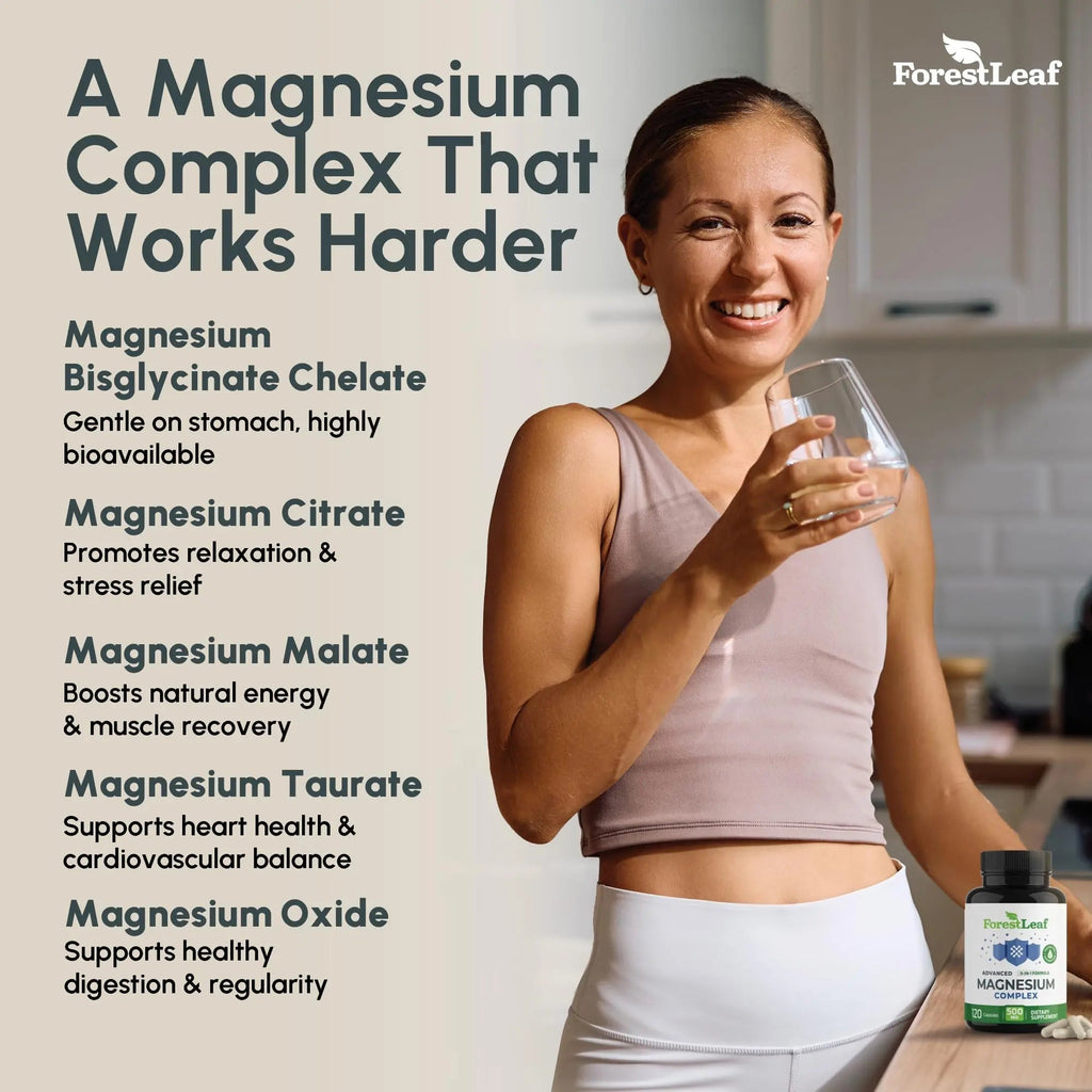 ForestLeaf Magnesium Complex for Women and Men - 500mg Magnesium Supplement for Sleep - 5-in-1 Chelated Magnesium Citrate, Bisglycinate, Malate, Taurate, Oxide (120 Ct) - TrustMedUSA