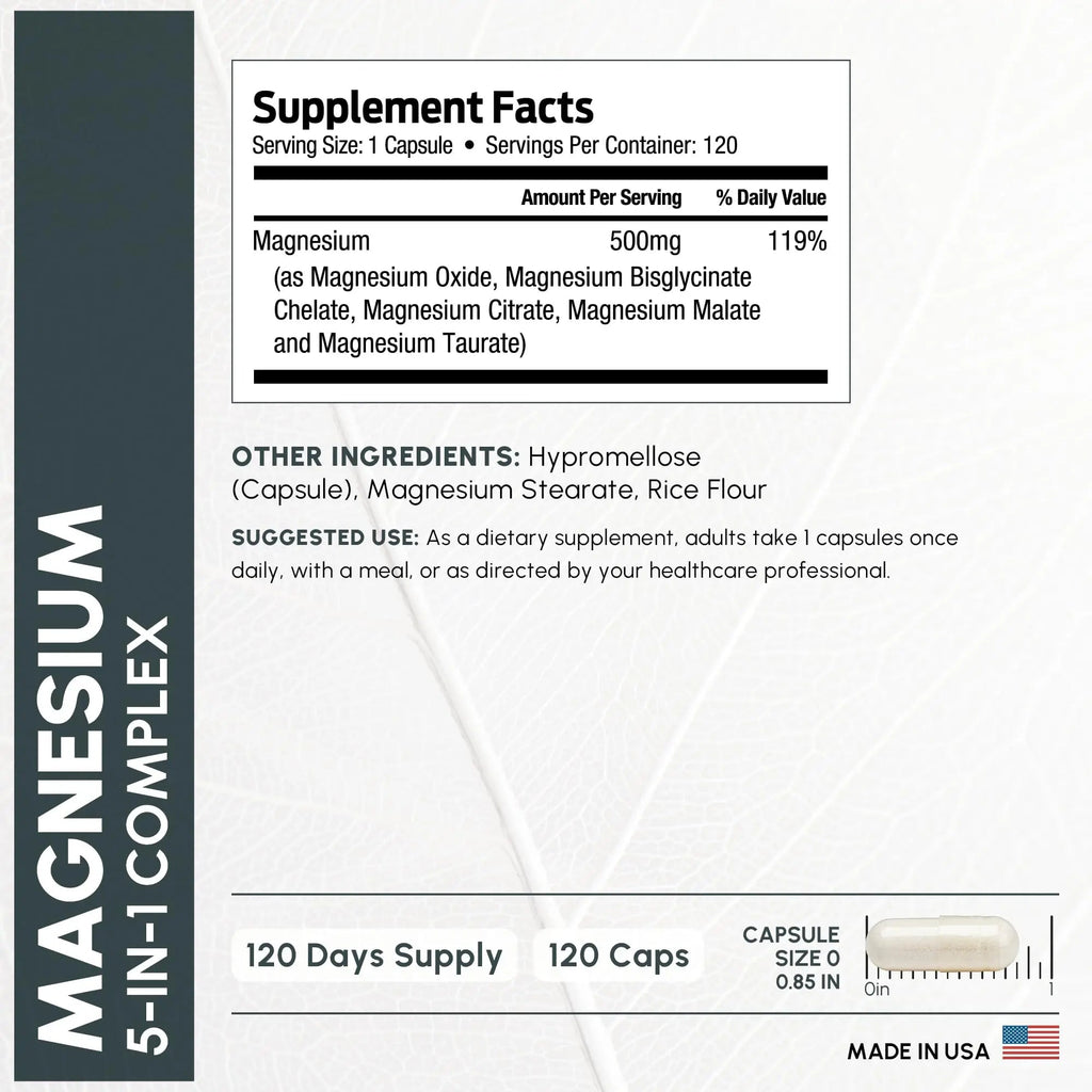 ForestLeaf Magnesium Complex for Women and Men - 500mg Magnesium Supplement for Sleep - 5-in-1 Chelated Magnesium Citrate, Bisglycinate, Malate, Taurate, Oxide (120 Ct) - TrustMedUSA