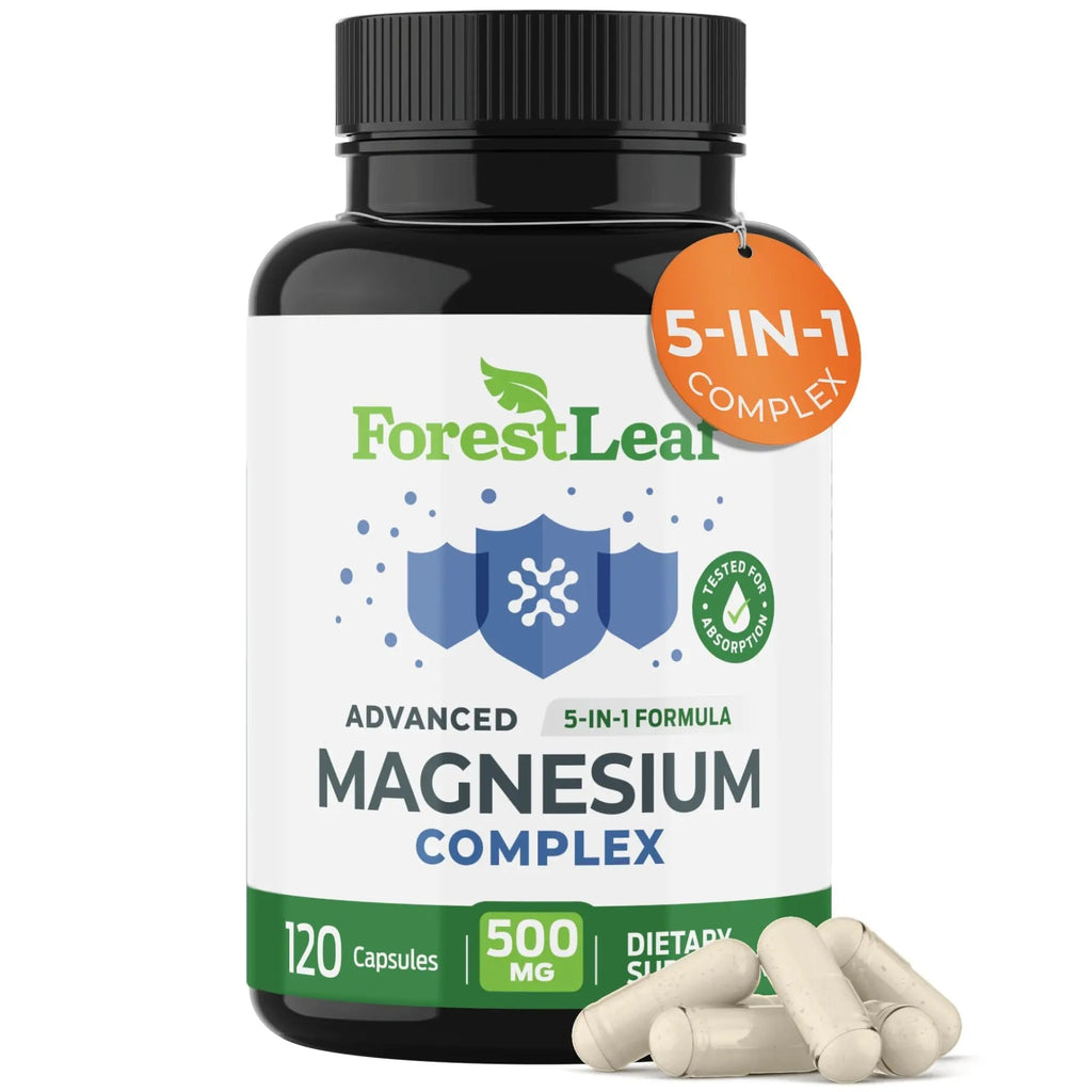 ForestLeaf Magnesium Complex for Women and Men - 500mg Magnesium Supplement for Sleep - 5-in-1 Chelated Magnesium Citrate, Bisglycinate, Malate, Taurate, Oxide (120 Ct) - TrustMedUSA
