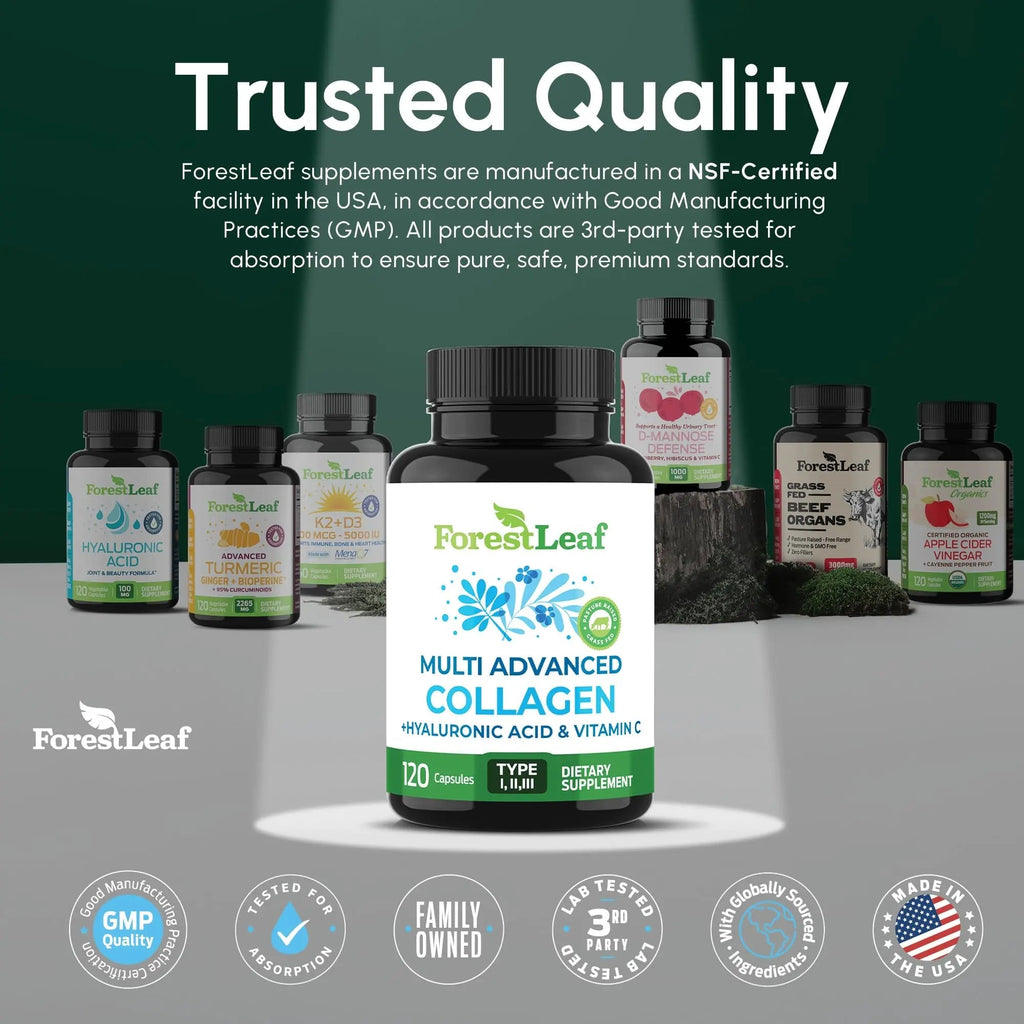 ForestLeaf Multi Collagen Pills with Hyaluronic Acid + Vitamin C | Hydrolyzed Collagen Supplements for Women or Men | Multi Collagen Capsules Peptides for Skin - TrustMedUSA