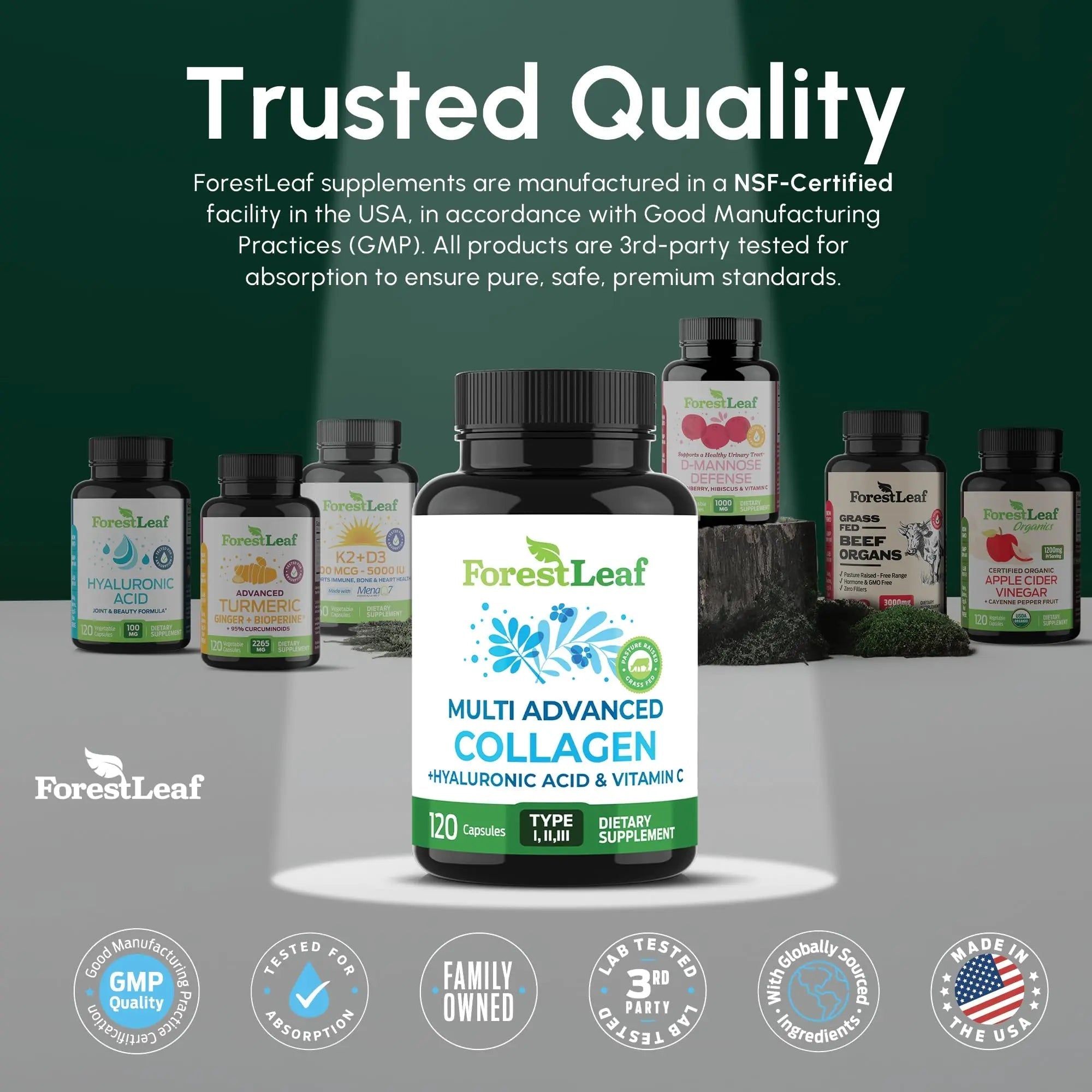ForestLeaf Multi Collagen Pills with Hyaluronic Acid + Vitamin C | Hydrolyzed Collagen Supplements for Women or Men | Multi Collagen Capsules Peptides for Skin - TrustMedUSA