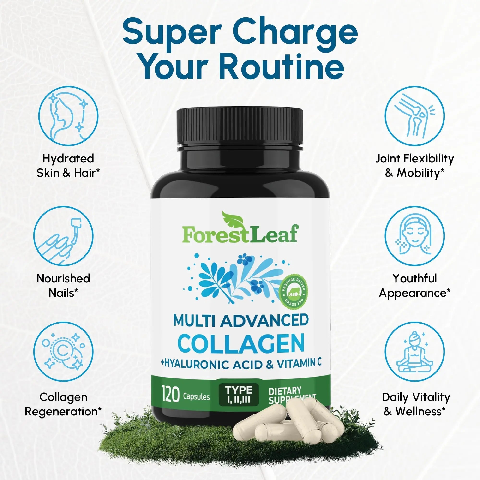 ForestLeaf Multi Collagen Pills with Hyaluronic Acid + Vitamin C | Hydrolyzed Collagen Supplements for Women or Men | Multi Collagen Capsules Peptides for Skin - TrustMedUSA