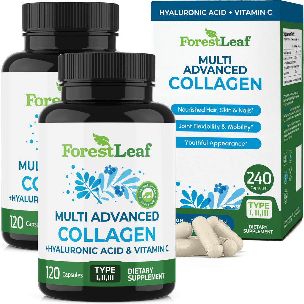 ForestLeaf Multi Collagen Pills with Hyaluronic Acid + Vitamin C | Hydrolyzed Collagen Supplements for Women or Men | Multi Collagen Capsules Peptides for Skin, Wrinkles, 240 - Maple Wellness Supplements