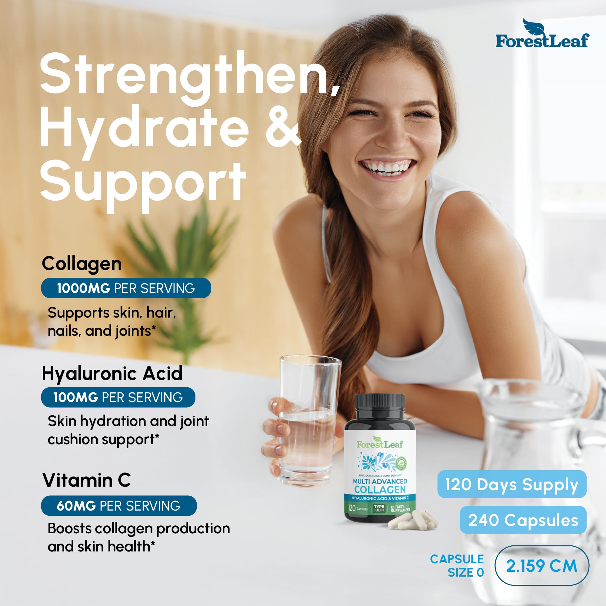 ForestLeaf Multi Collagen Pills with Hyaluronic Acid + Vitamin C | Hydrolyzed Collagen Supplements for Women or Men | Multi Collagen Capsules Peptides for Skin, Wrinkles, 240 - Maple Wellness Supplements
