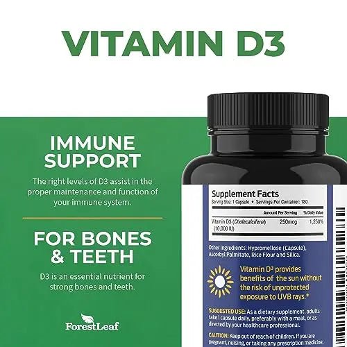 ForestLeaf - Vitamin D3 IU Weekly Supplement (Unflavored -10000-180 Count) - TrustMedUSA