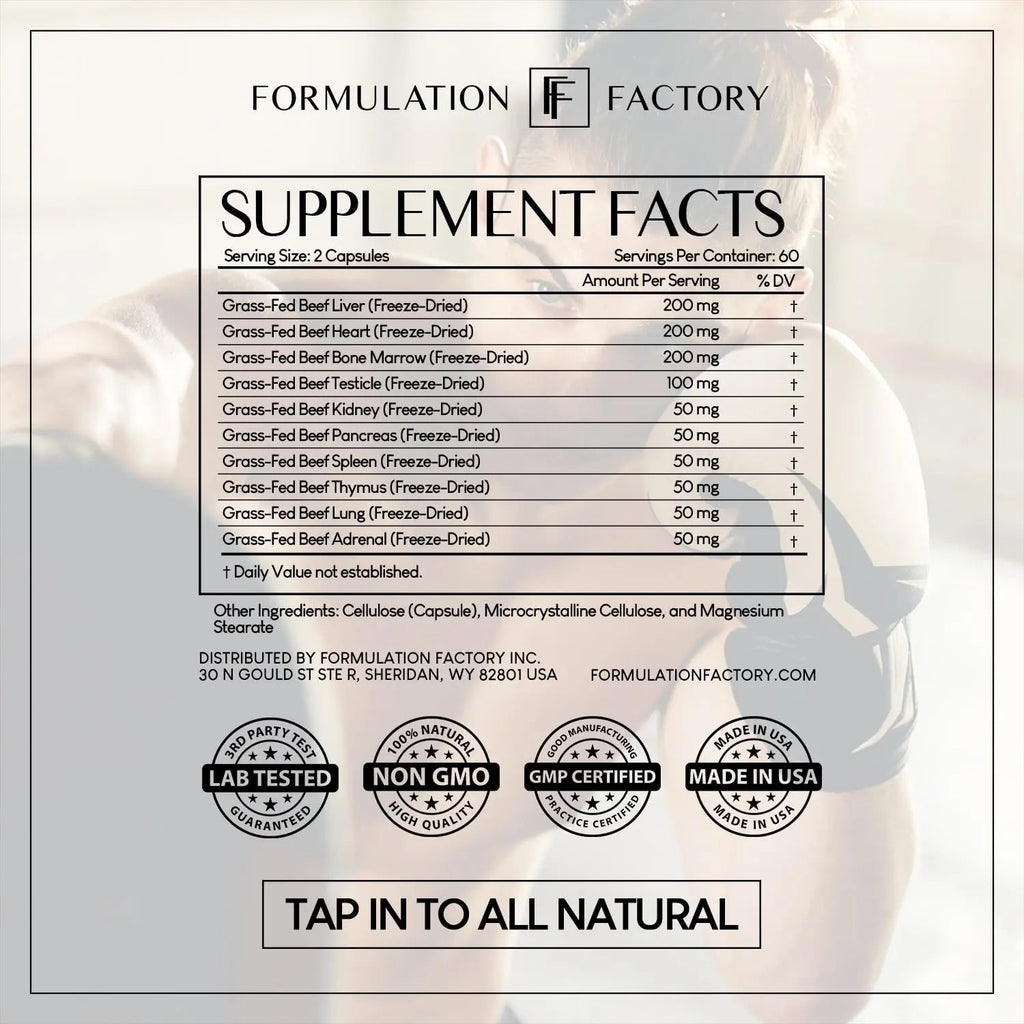 Formulation Factory Primal Power 10-in-1 Beef Organ Supplement - Grass Fed Beef Liver Capsules with Heart, Bone Marrow, Kidney, Testicle - Freeze Dried Organ - 120 Capsules, 2 Month Supply - TrustMedUSA