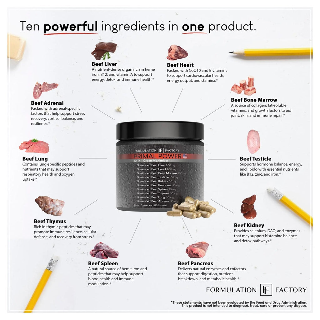 Formulation Factory Primal Power 10-in-1 Beef Organ Supplement - Grass Fed Beef Liver Capsules with Heart, Bone Marrow, Kidney, Testicle - Freeze Dried Organ - 120 Capsules, 2 Month Supply - TrustMedUSA