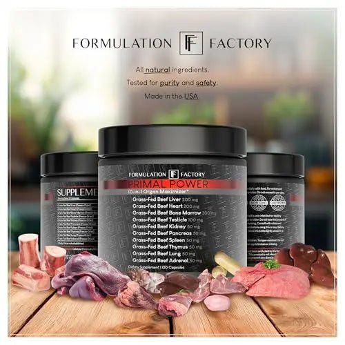 Formulation Factory Primal Power 10-in-1 Grass-Fed Organ Supplement with Beef Liver, Heart, Marrow, Testicle, Kidney, Supports Vitality, Hormones, Energy, Immunity (4 Month Supply, 240 Capsules) - TrustMedUSA