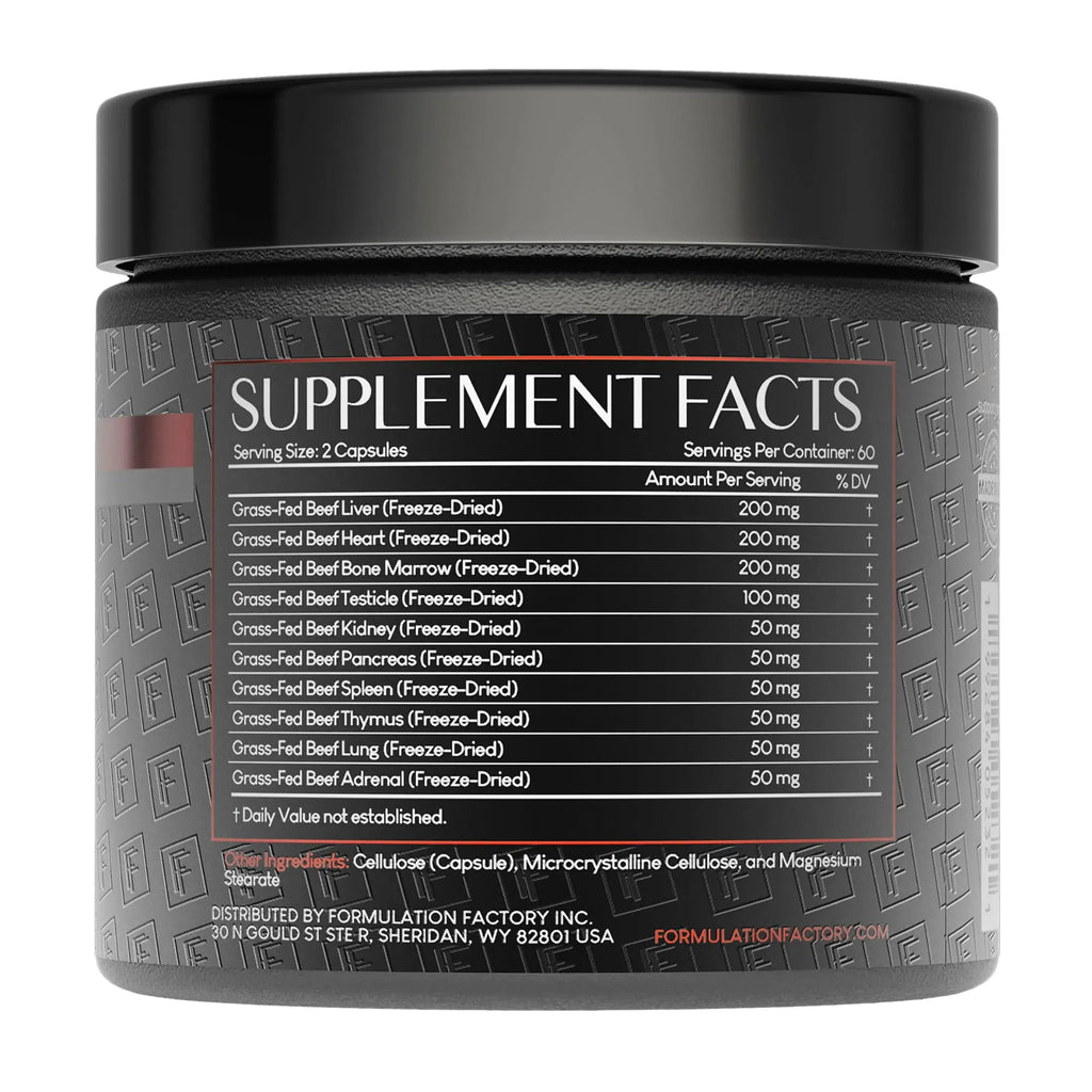 Formulation Factory Primal Power 10-in-1 Grass-Fed Organ Supplement with Beef Liver, Heart, Marrow, Testicle, Kidney, Supports Vitality, Hormones, Energy, Immunity (4 Month Supply, 240 Capsules) - TrustMedUSA