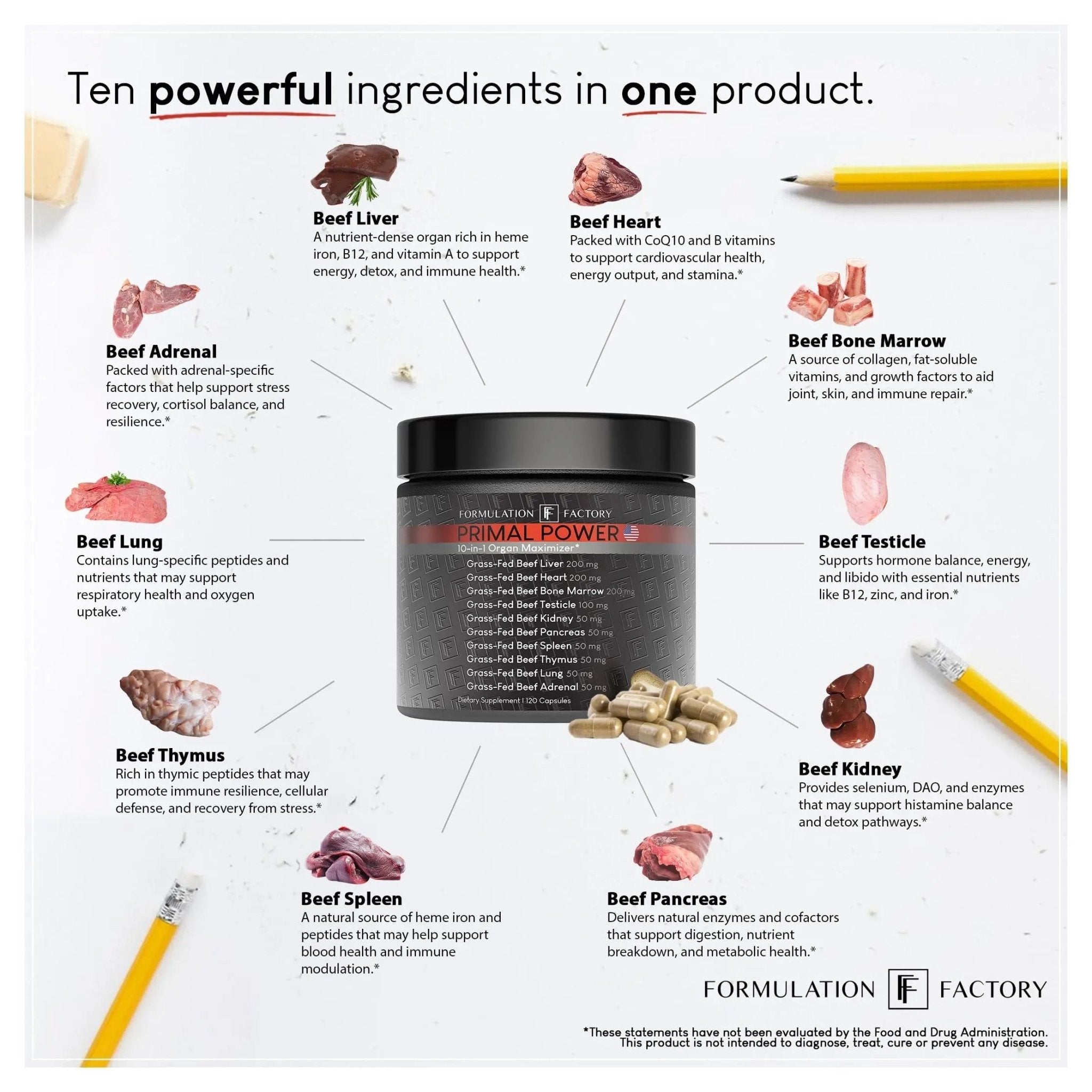 Formulation Factory Primal Power 10-in-1 Grass-Fed Organ Supplement with Beef Liver, Heart, Marrow, Testicle, Kidney, Supports Vitality, Hormones, Energy, Immunity (4 Month Supply, 240 Capsules) - TrustMedUSA