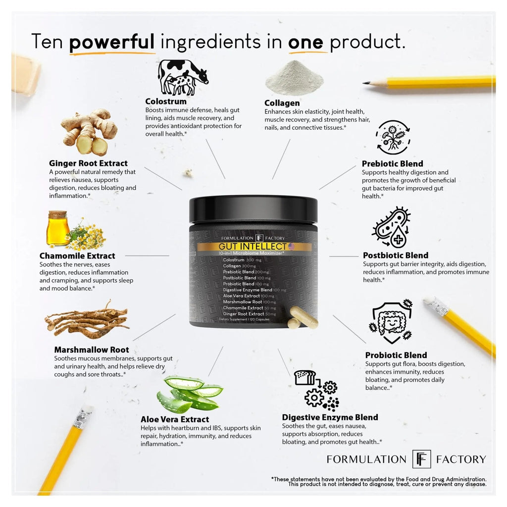 Formulation Factory Probiotics for Women & Men - Gut Intellect 10-in-1 Digestive Enzymes with Prebiotics and Postbiotics - Total Gut Health Supplement - 120 Capsules, 2 Month Supply - TrustMedUSA