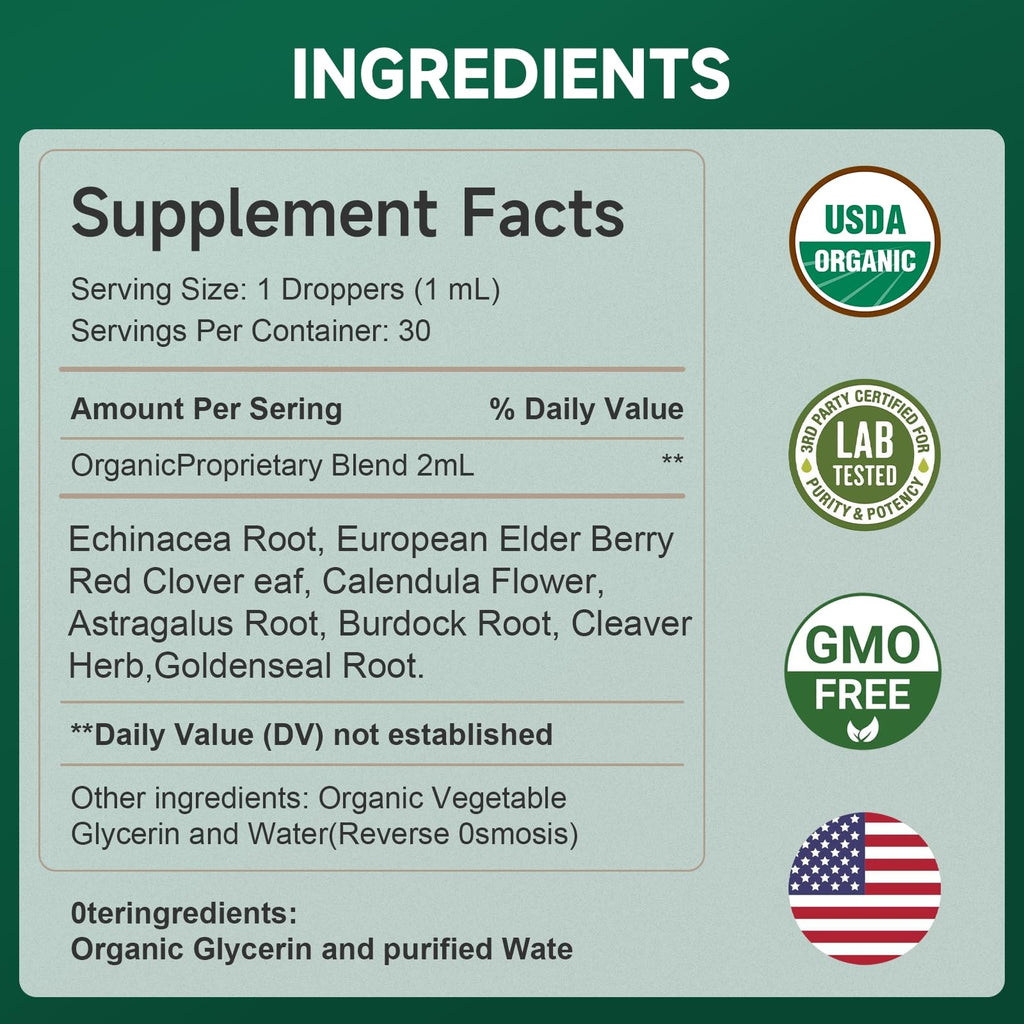 FOTN Lymphatic Drainage Drops - Organic Herbal Supplements - Echinacea | Elderberry | Astragalus | Burdock | Calendula | - Immune Support, Lymphatic Detoxd&Cleanse, 2 fl oz - Maple Wellness Supplements