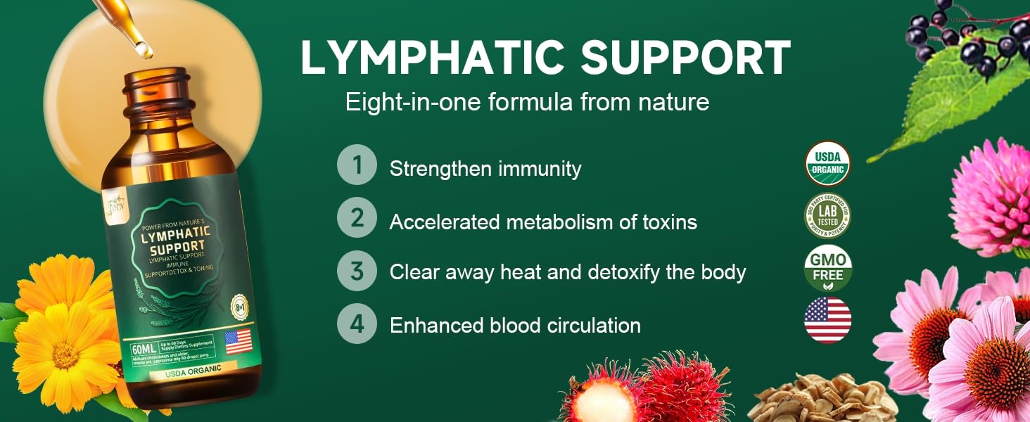 FOTN Lymphatic Drainage Drops - Organic Herbal Supplements - Echinacea | Elderberry | Astragalus | Burdock | Calendula | - Immune Support, Lymphatic Detoxd&Cleanse, 2 fl oz - Maple Wellness Supplements