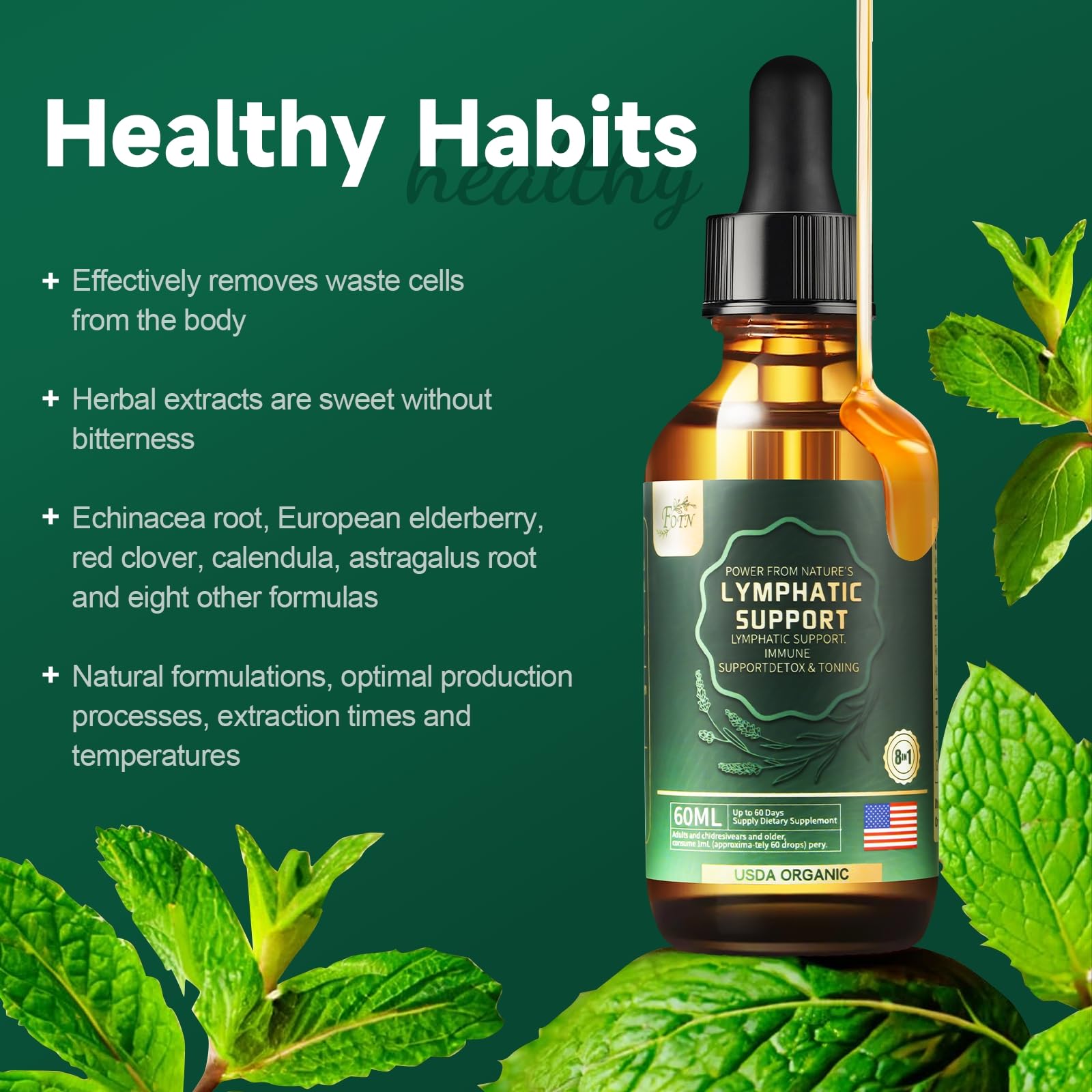 FOTN Lymphatic Drainage Drops - Organic Herbal Supplements - Echinacea | Elderberry | Astragalus | Burdock | Calendula | - Immune Support, Lymphatic Detoxd&Cleanse, 2 fl oz - Maple Wellness Supplements