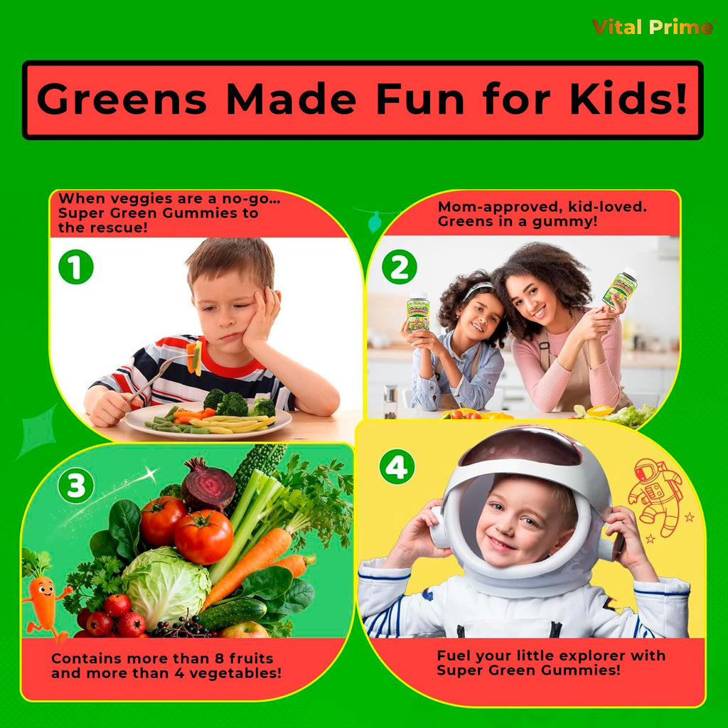 FourRoar Vital Prime Super Green Gummies for Kids 90 Count Strawberry & Watermelon Flavor | Fruit and Vegetable Gummies | Vegan Veggies Gummy Multivitamin for Kids - TrustMedUSA