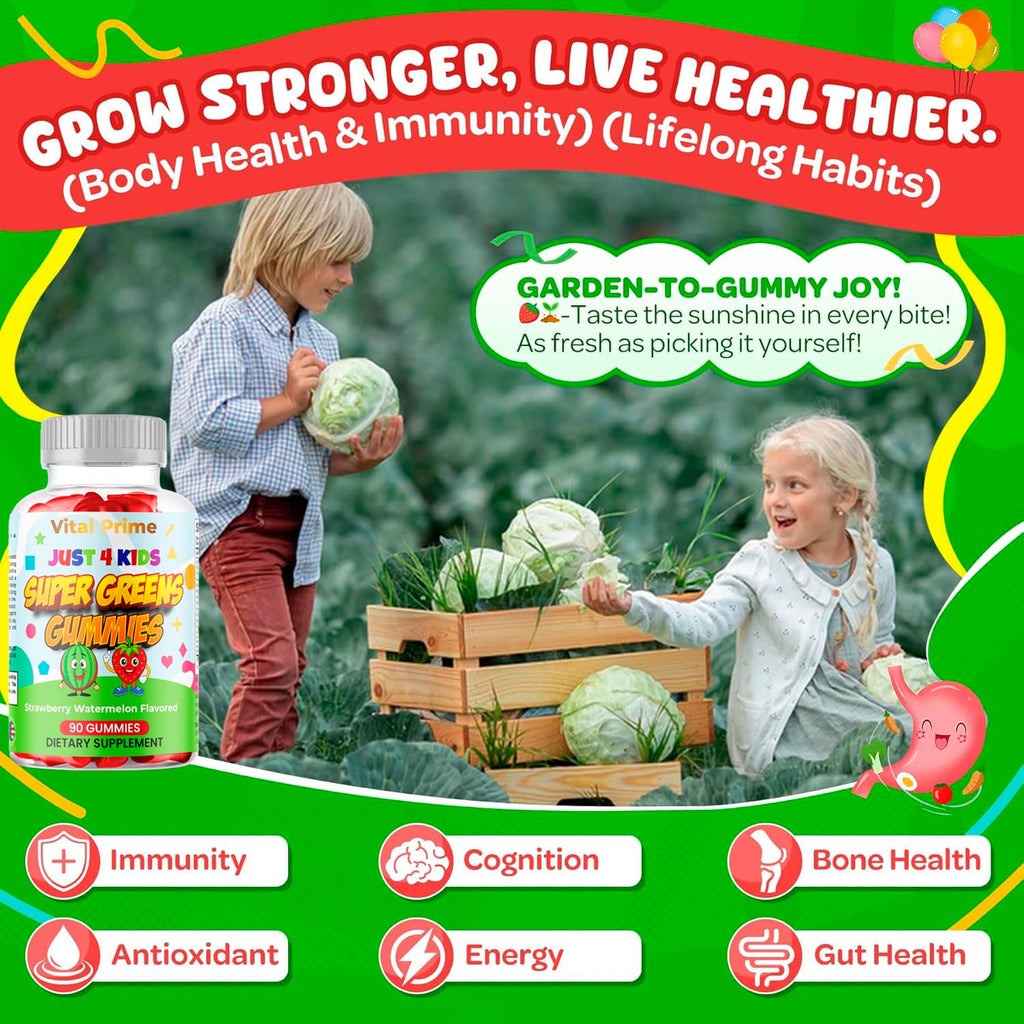 FourRoar Vital Prime Super Green Gummies for Kids 90 Count Strawberry & Watermelon Flavor | Fruit and Vegetable Gummies | Vegan Veggies Gummy Multivitamin for Kids - TrustMedUSA