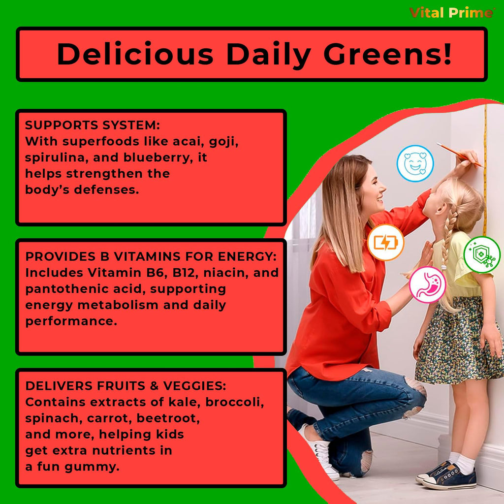 FourRoar Vital Prime Super Green Gummies for Kids 90 Count Strawberry & Watermelon Flavor | Fruit and Vegetable Gummies | Vegan Veggies Gummy Multivitamin for Kids - TrustMedUSA