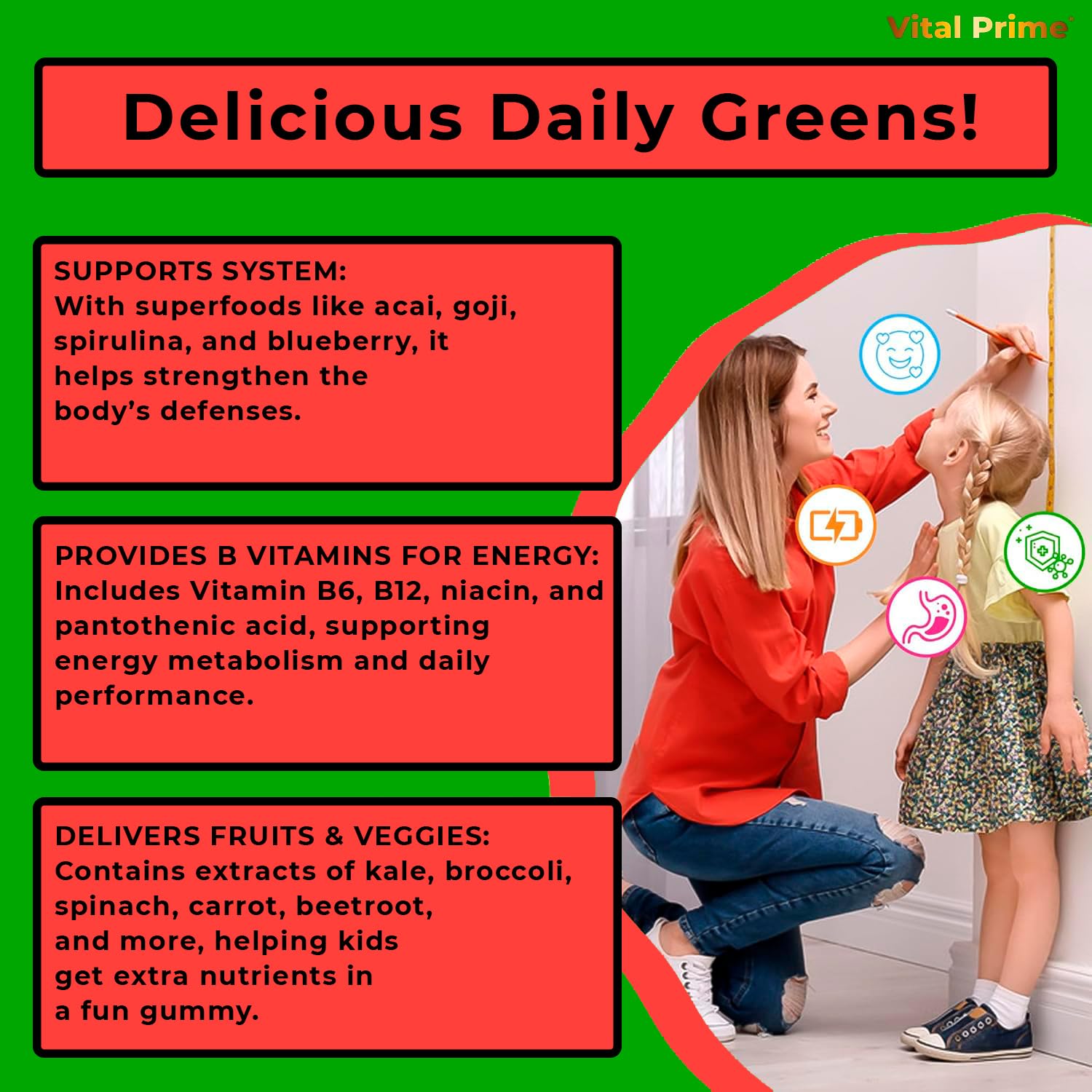 FourRoar Vital Prime Super Green Gummies for Kids 90 Count Strawberry & Watermelon Flavor | Fruit and Vegetable Gummies | Vegan Veggies Gummy Multivitamin for Kids - TrustMedUSA