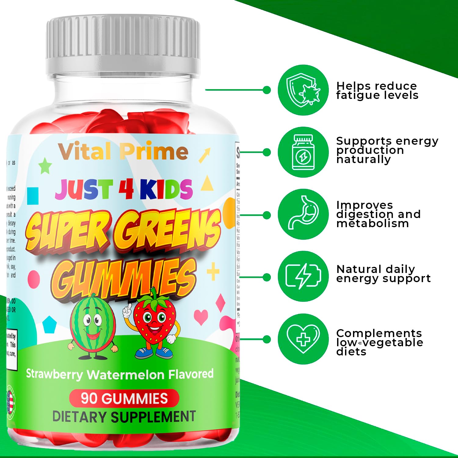 FourRoar Vital Prime Super Green Gummies for Kids 90 Count Strawberry & Watermelon Flavor | Fruit and Vegetable Gummies | Vegan Veggies Gummy Multivitamin for Kids - TrustMedUSA