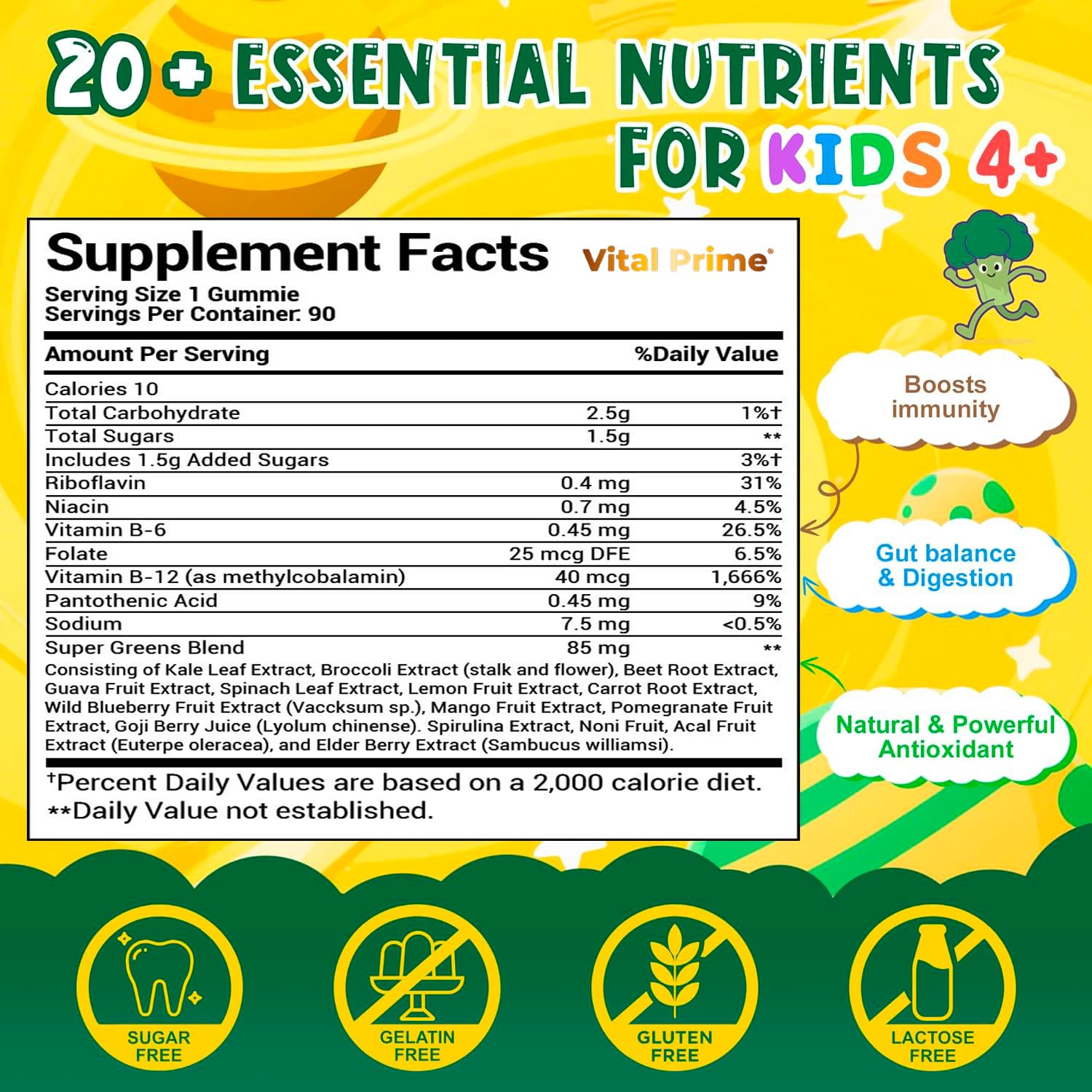 FourRoar Vital Prime Super Green Gummies for Kids 90 Count Strawberry & Watermelon Flavor | Fruit and Vegetable Gummies | Vegan Veggies Gummy Multivitamin for Kids - TrustMedUSA
