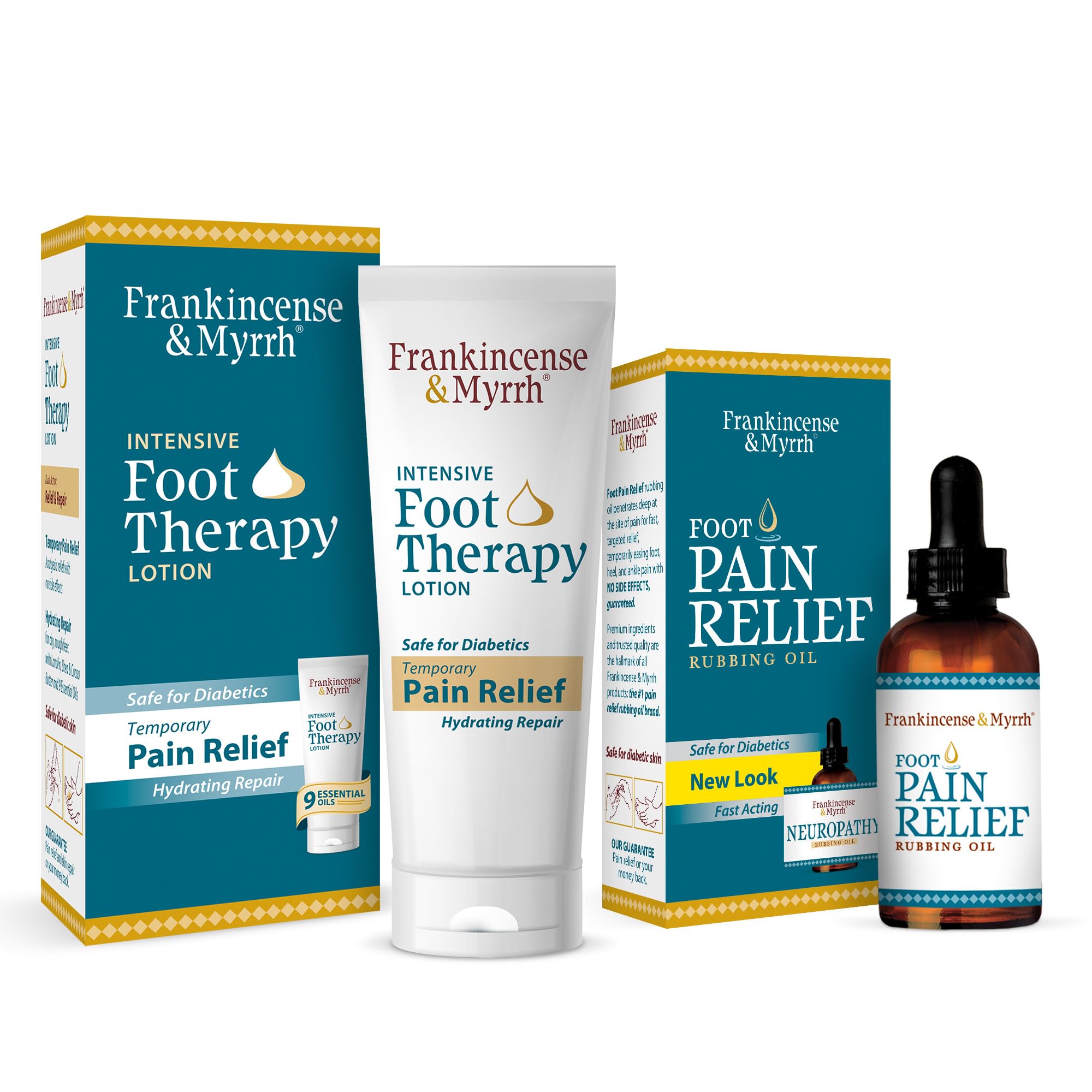 FRANKINCENSE & MYRRH Foot Pain Combo Pack: Foot Pain Relief Rubbing Oil (2 oz) and Intensive Therapy Lotion for feet (3 oz), Neuropathy, Nerve Relief, Frankincense Essential Oil, Maximum Strength - TrustMedUSA