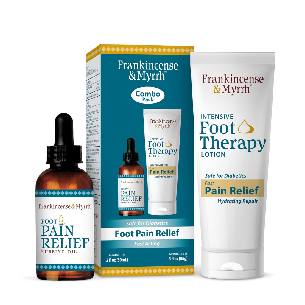 FRANKINCENSE & MYRRH Foot Pain Combo Pack: Foot Pain Relief Rubbing Oil (2 oz) and Intensive Therapy Lotion for feet (3 oz), Neuropathy, Nerve Relief, Frankincense Essential Oil, Maximum Strength - TrustMedUSA