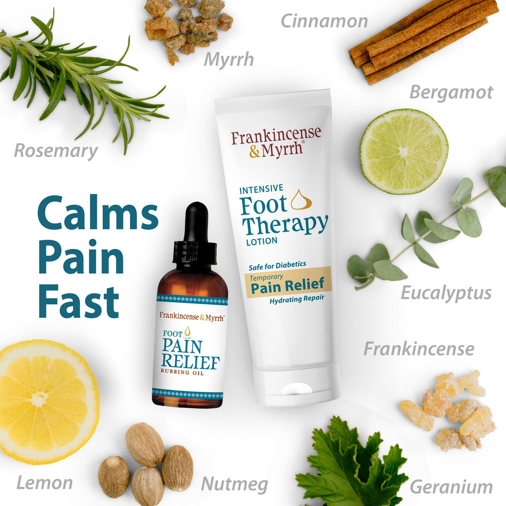 FRANKINCENSE & MYRRH Foot Pain Combo Pack: Foot Pain Relief Rubbing Oil (2 oz) and Intensive Therapy Lotion for feet (3 oz), Neuropathy, Nerve Relief, Frankincense Essential Oil, Maximum Strength - TrustMedUSA