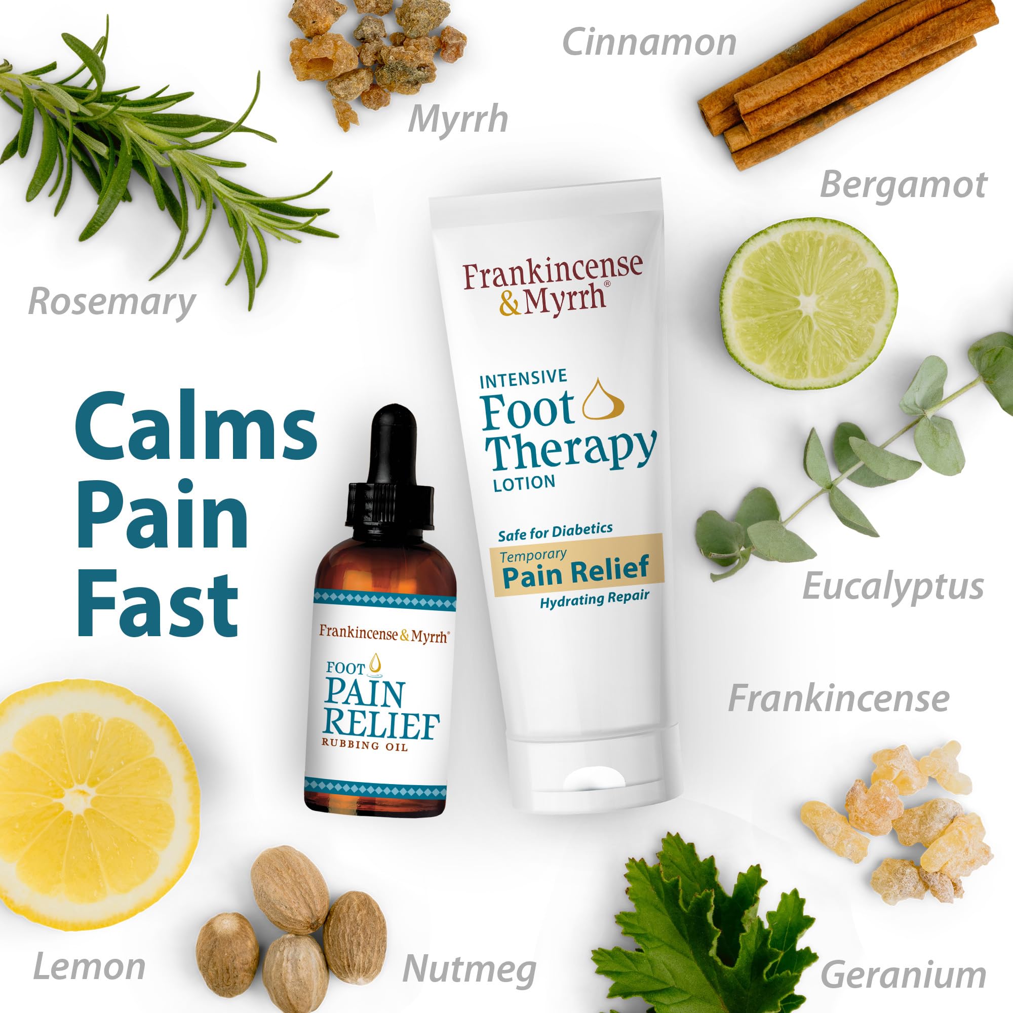 FRANKINCENSE & MYRRH Foot Pain Combo Pack: Foot Pain Relief Rubbing Oil (2 oz) and Intensive Therapy Lotion for feet (3 oz), Neuropathy, Nerve Relief, Frankincense Essential Oil, Maximum Strength - TrustMedUSA