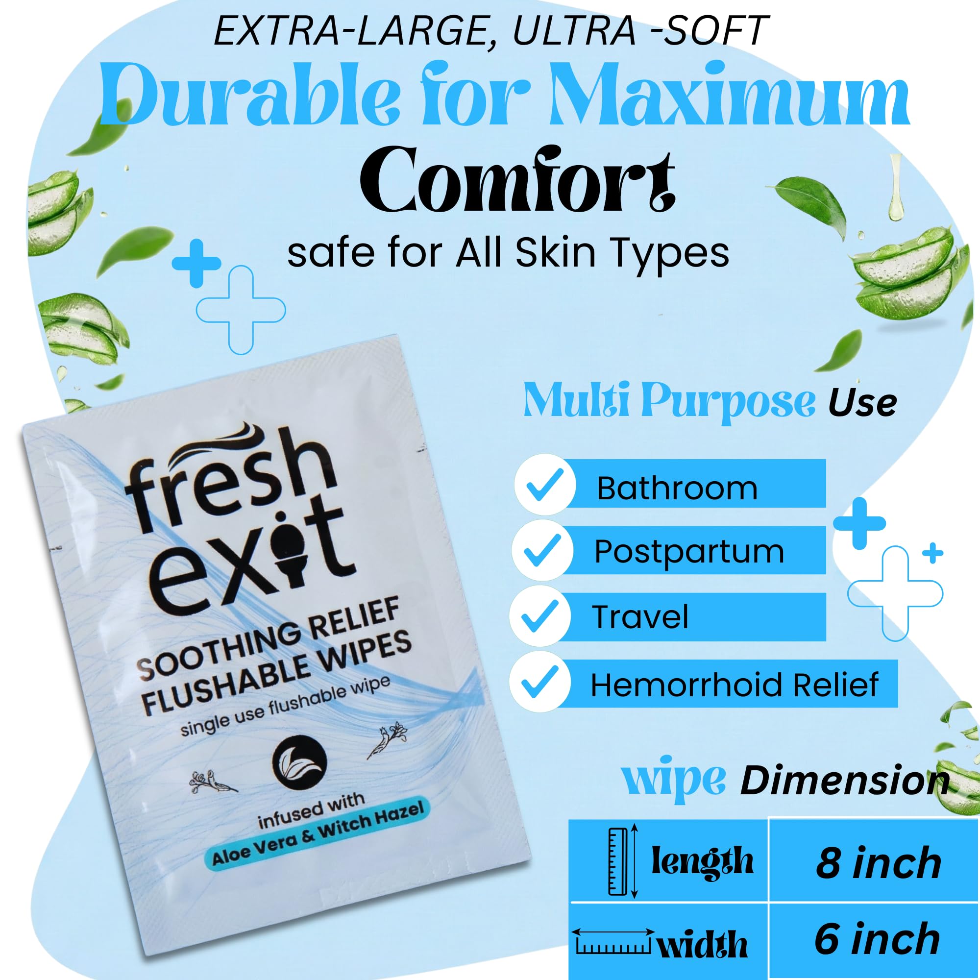 FreshExit Flushable Hemorrhoid Wipes – 36 Count – Individually Wrapped with Witch Hazel & Aloe Vera, Large Discreet Travel Wipes for Adults, Soothing & Gentle on Skin - TrustMedUSA