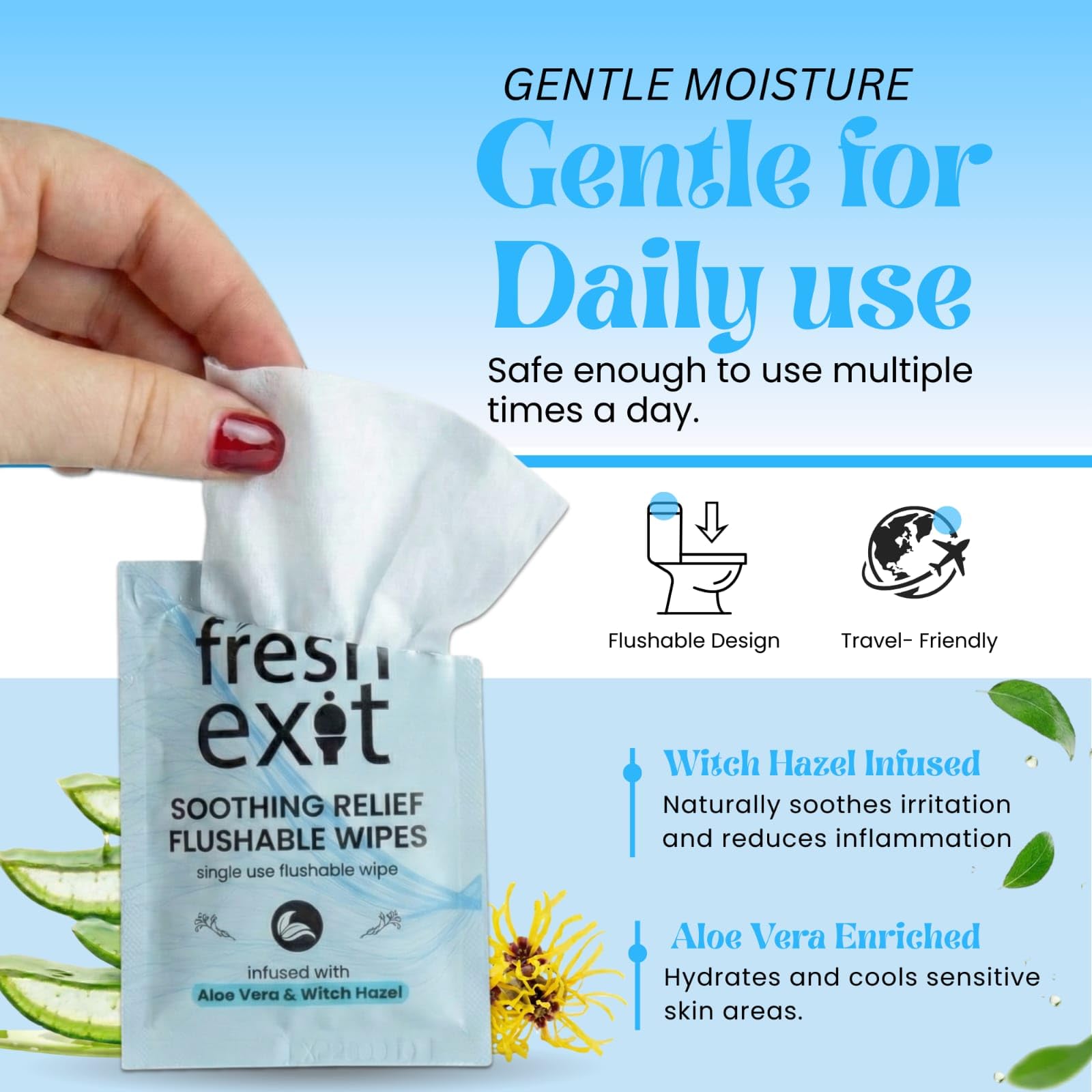 FreshExit Flushable Hemorrhoid Wipes – 36 Count – Individually Wrapped with Witch Hazel & Aloe Vera, Large Discreet Travel Wipes for Adults, Soothing & Gentle on Skin - TrustMedUSA