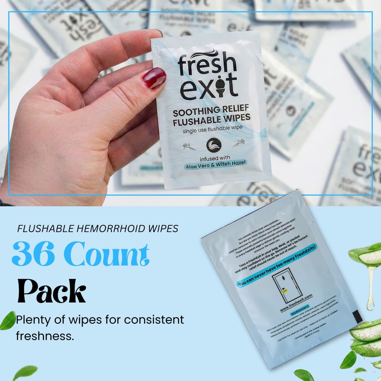 FreshExit Flushable Hemorrhoid Wipes – 36 Count – Individually Wrapped with Witch Hazel & Aloe Vera, Large Discreet Travel Wipes for Adults, Soothing & Gentle on Skin - TrustMedUSA