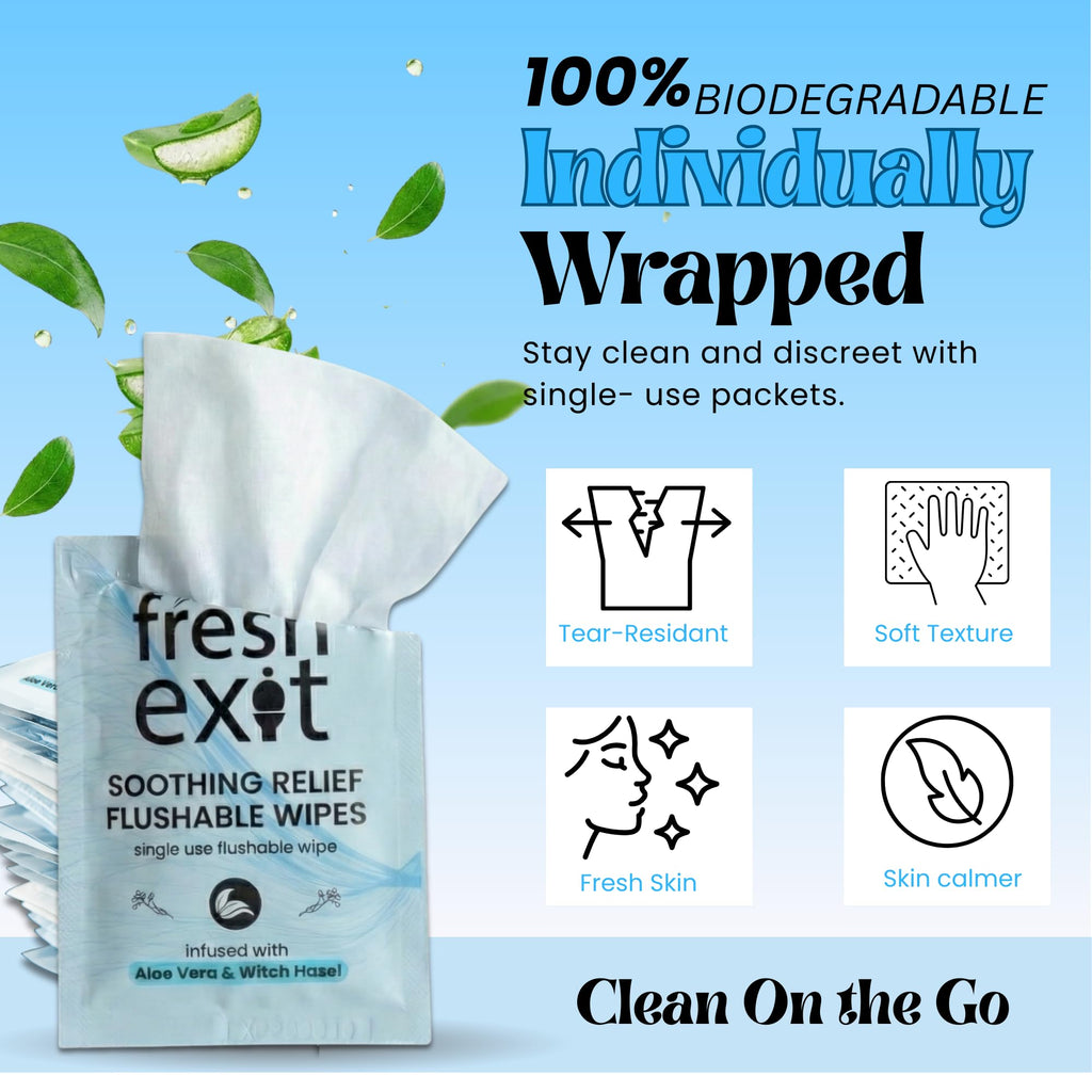FreshExit Flushable Hemorrhoid Wipes – 36 Count – Individually Wrapped with Witch Hazel & Aloe Vera, Large Discreet Travel Wipes for Adults, Soothing & Gentle on Skin - TrustMedUSA