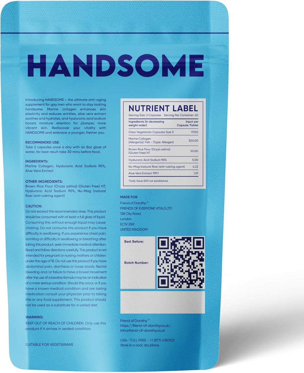 FRIEND OF DOROTHY, Handsome, Marine Collagen Tablets Enhanced with Aloe Vera, Hydrolyzed Collagen Supplements for Men, 60 Capsules per Pouch - Maple Wellness Supplements