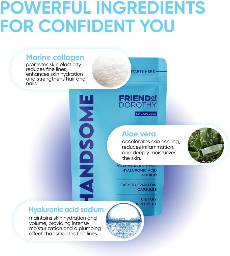 FRIEND OF DOROTHY, Handsome, Marine Collagen Tablets Enhanced with Aloe Vera, Hydrolyzed Collagen Supplements for Men, 60 Capsules per Pouch - Maple Wellness Supplements